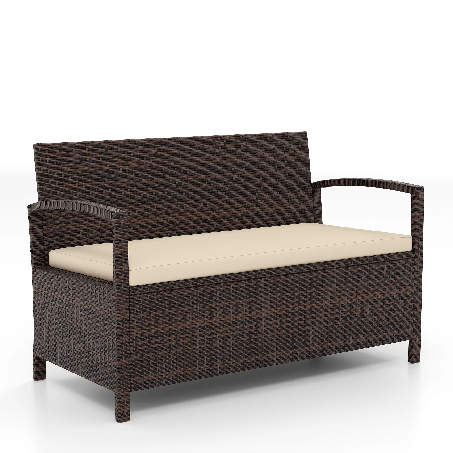 Outdoor PE Wicker Storage Bench 2 Seater with Cushion and 42 Gallon Deck Box, Beige - Image 4