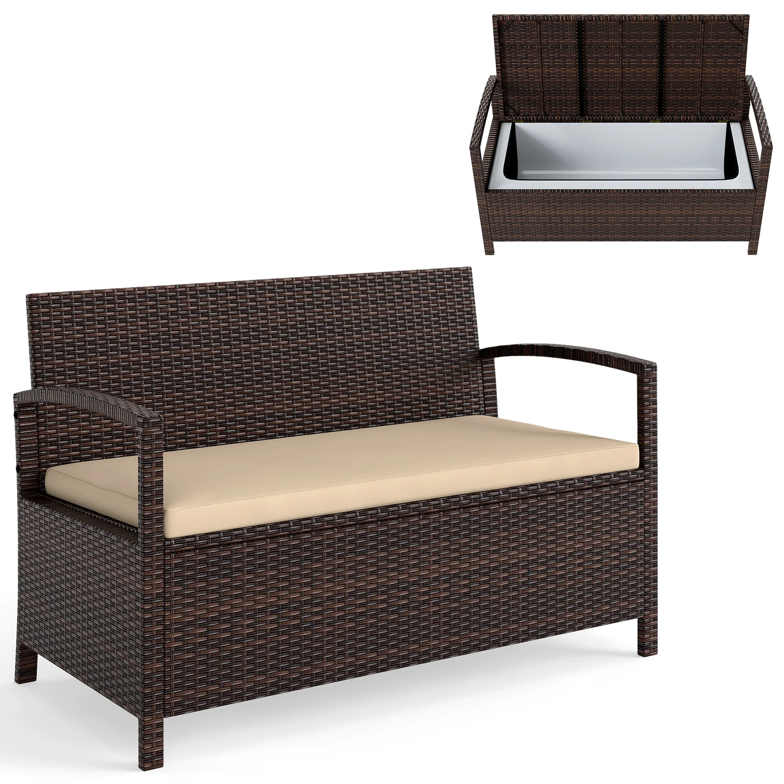 Outdoor PE Wicker Storage Bench 2 Seater with Cushion and 42 Gallon Deck Box, Beige - Image 5