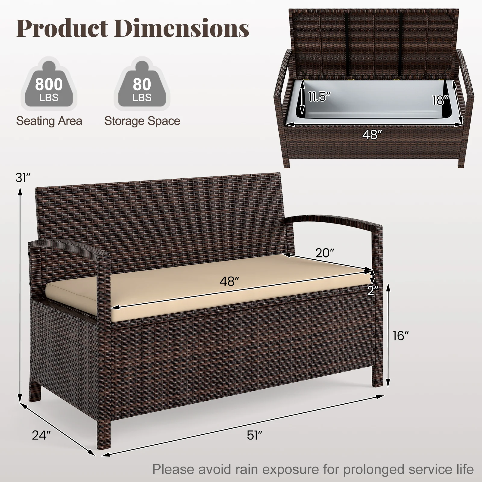 Outdoor PE Wicker Storage Bench 2 Seater with Cushion and 42 Gallon Deck Box, Beige - Image 6