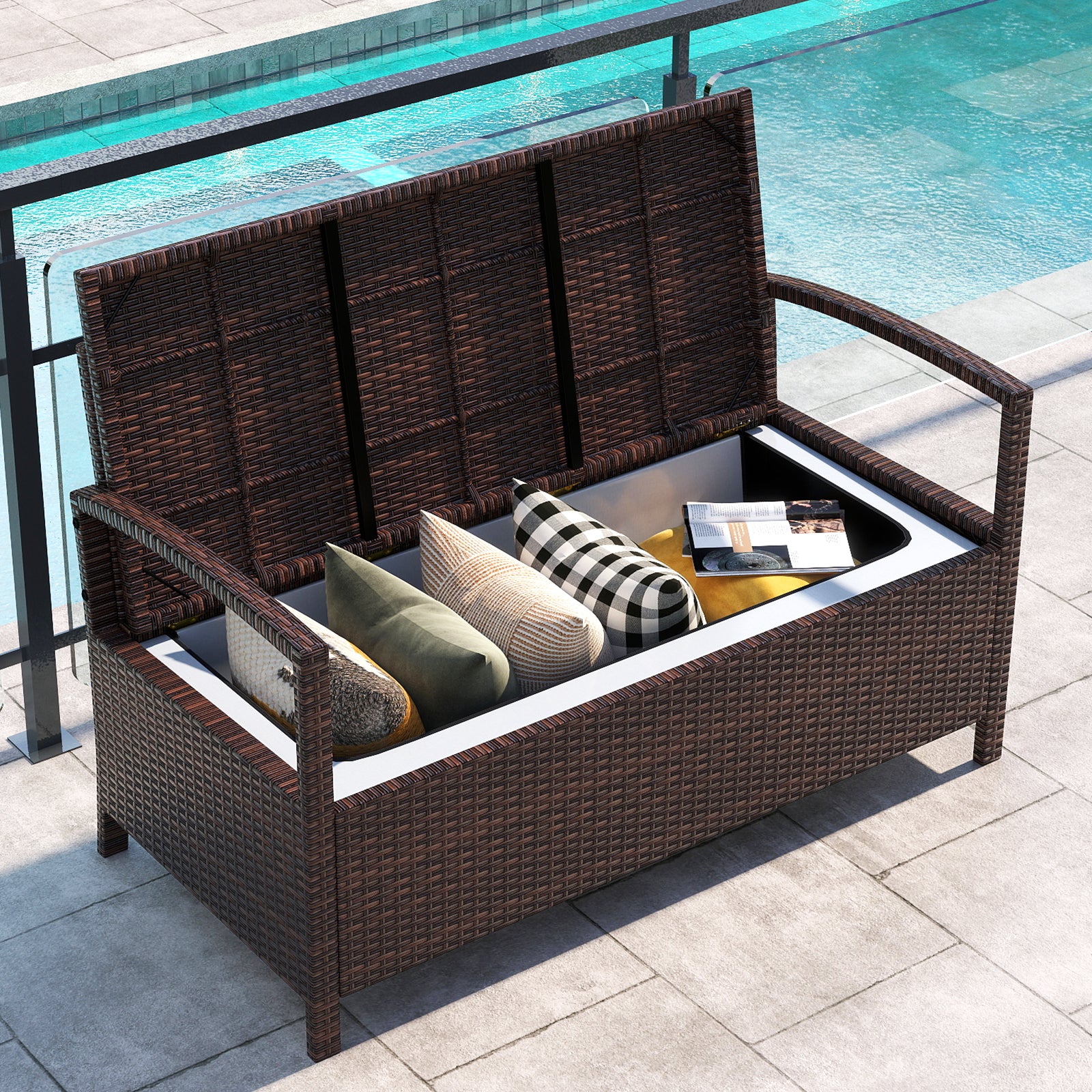 Outdoor PE Wicker Storage Bench 2 Seater with Cushion and 42 Gallon Deck Box, Beige - Image 7