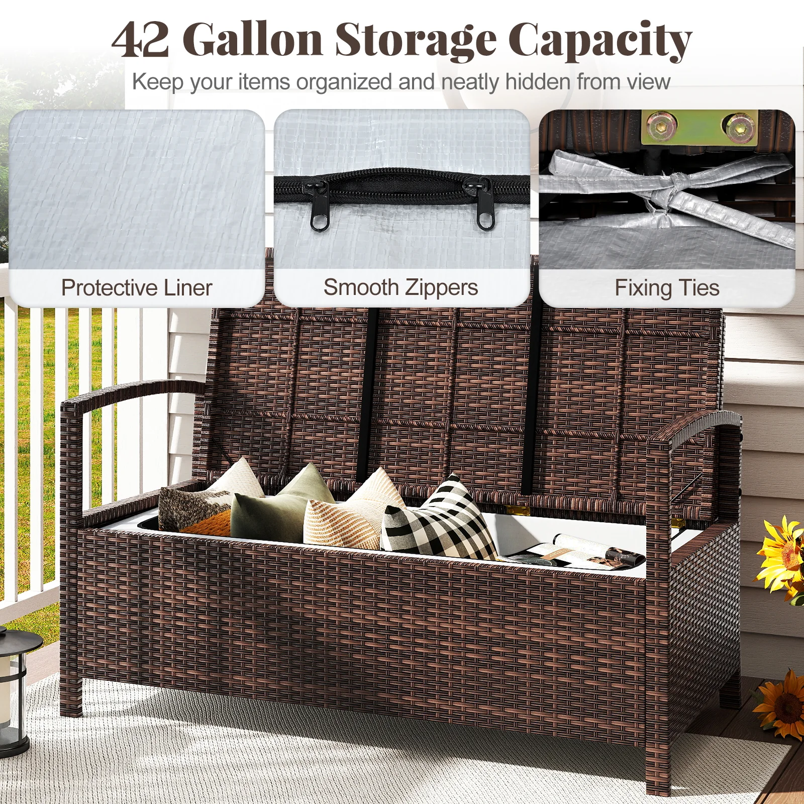 Outdoor PE Wicker Storage Bench 2 Seater with Cushion and 42 Gallon Deck Box, Beige - Image 8