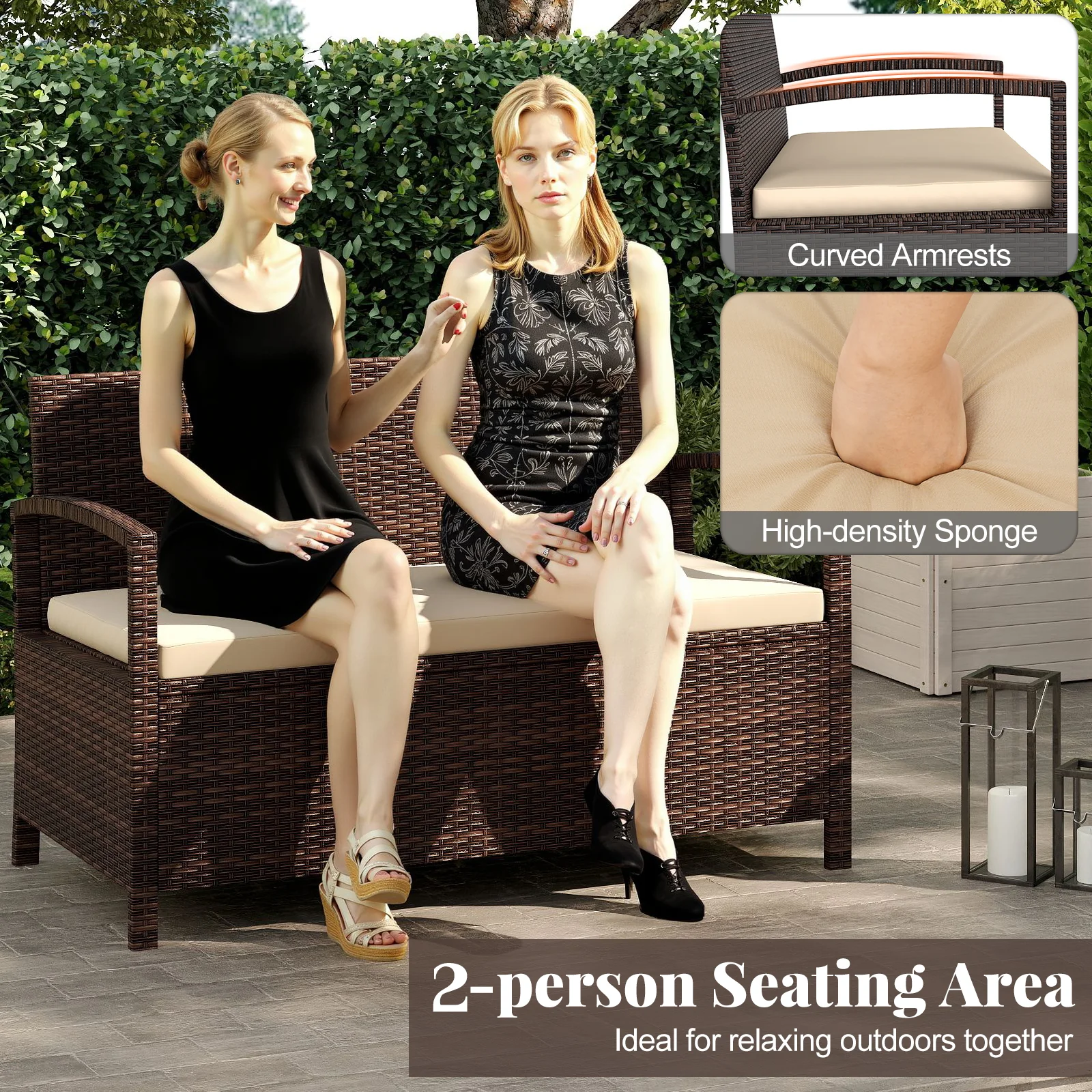 Outdoor PE Wicker Storage Bench 2 Seater with Cushion and 42 Gallon Deck Box, Beige - Image 9
