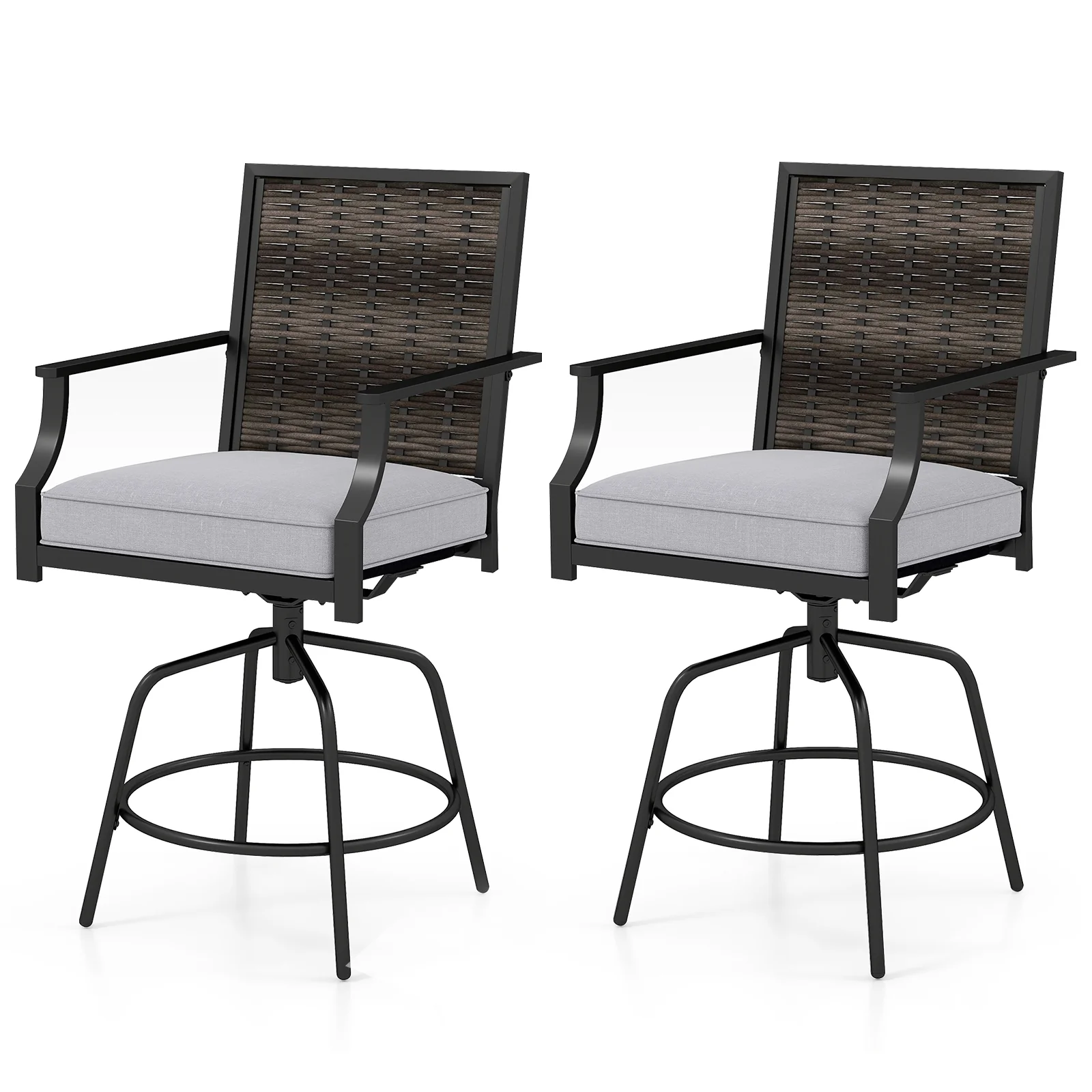 Outdoor PE Wicker Swivel Bar Stools, Set of 2, Counter Height, Gray