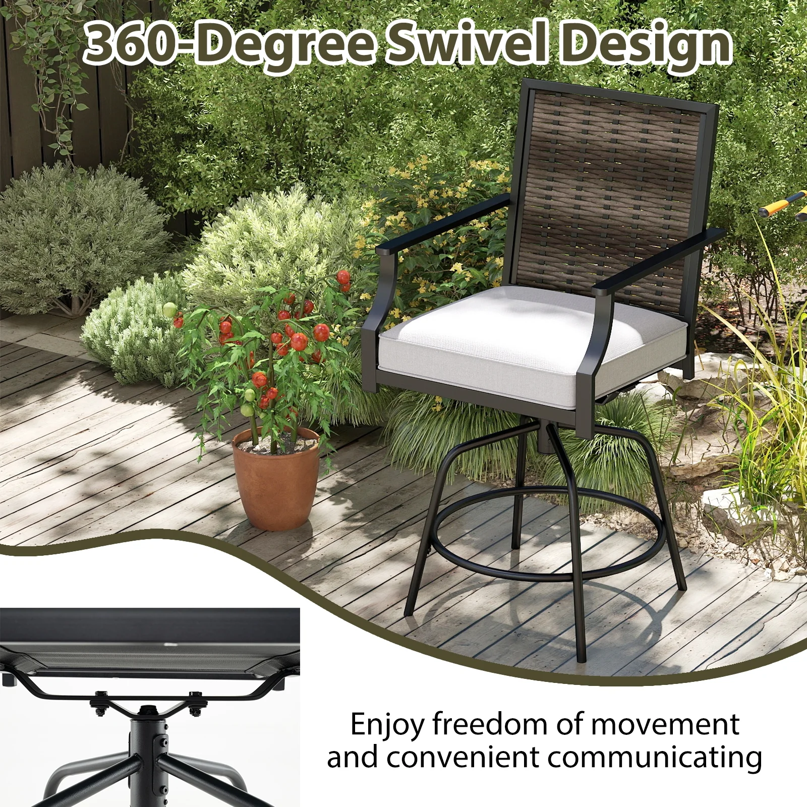 Outdoor PE Wicker Swivel Bar Stools, Set of 2, Counter Height, Gray - Image 10