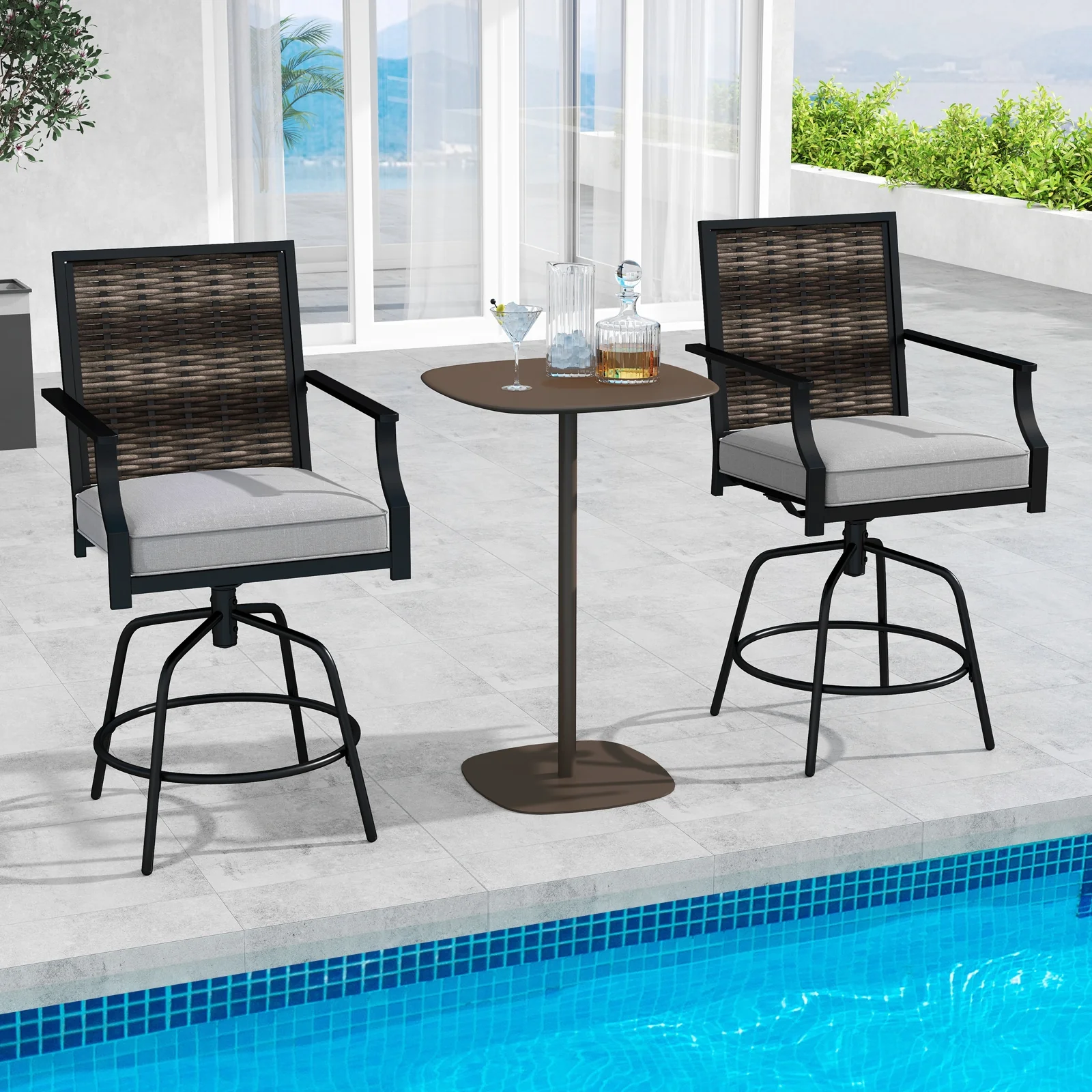 Outdoor PE Wicker Swivel Bar Stools, Set of 2, Counter Height, Gray - Image 2