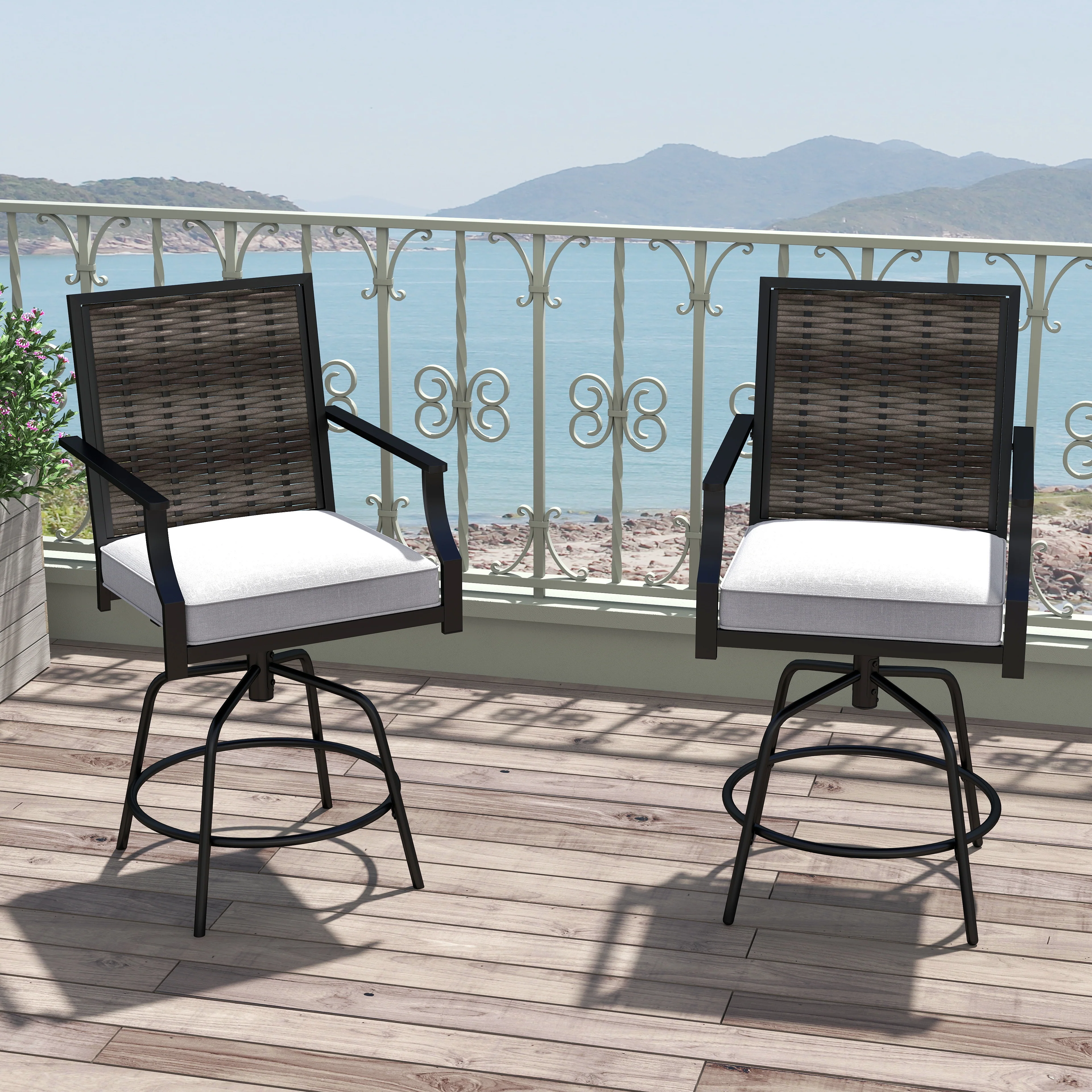 Outdoor PE Wicker Swivel Bar Stools, Set of 2, Counter Height, Gray - Image 3