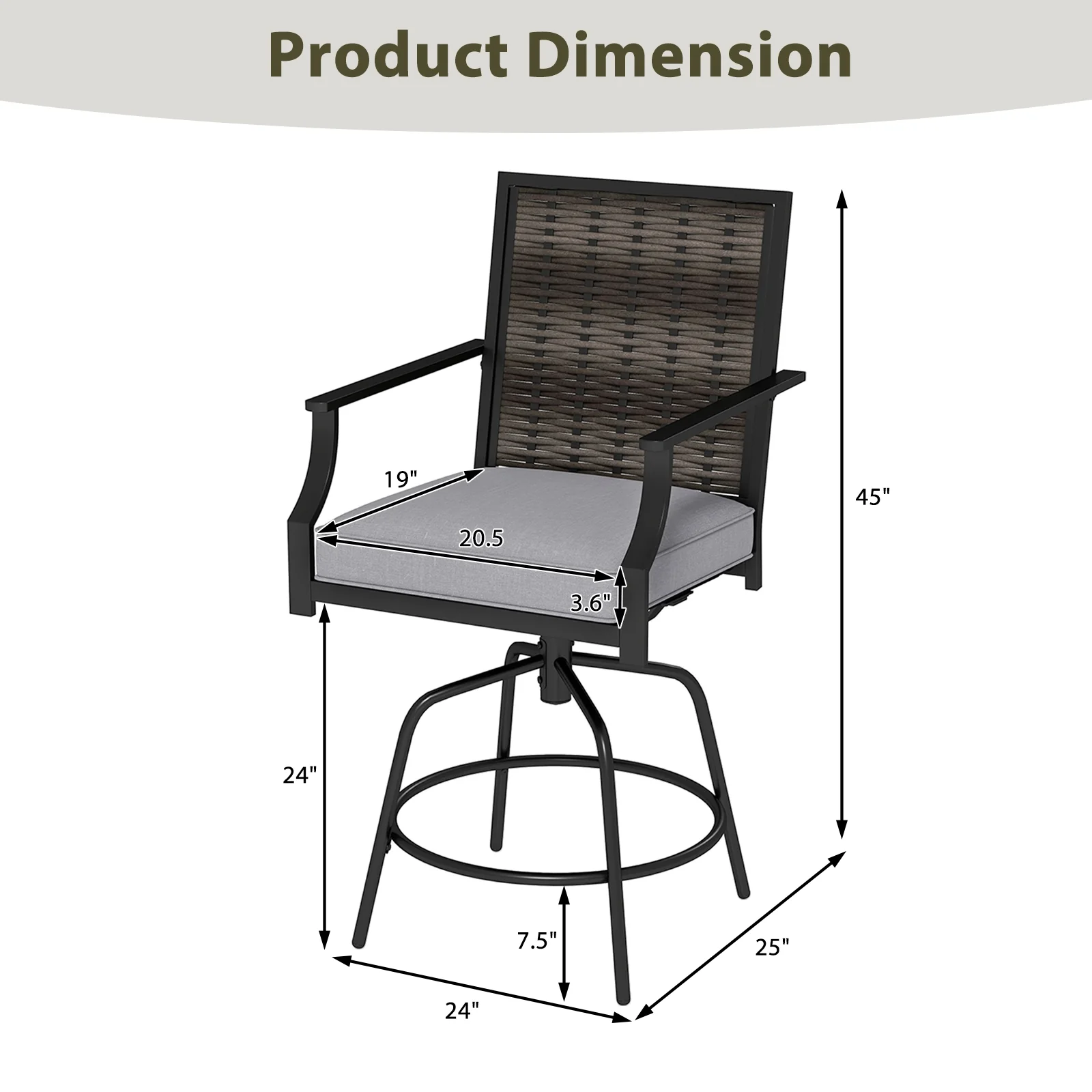 Outdoor PE Wicker Swivel Bar Stools, Set of 2, Counter Height, Gray - Image 5