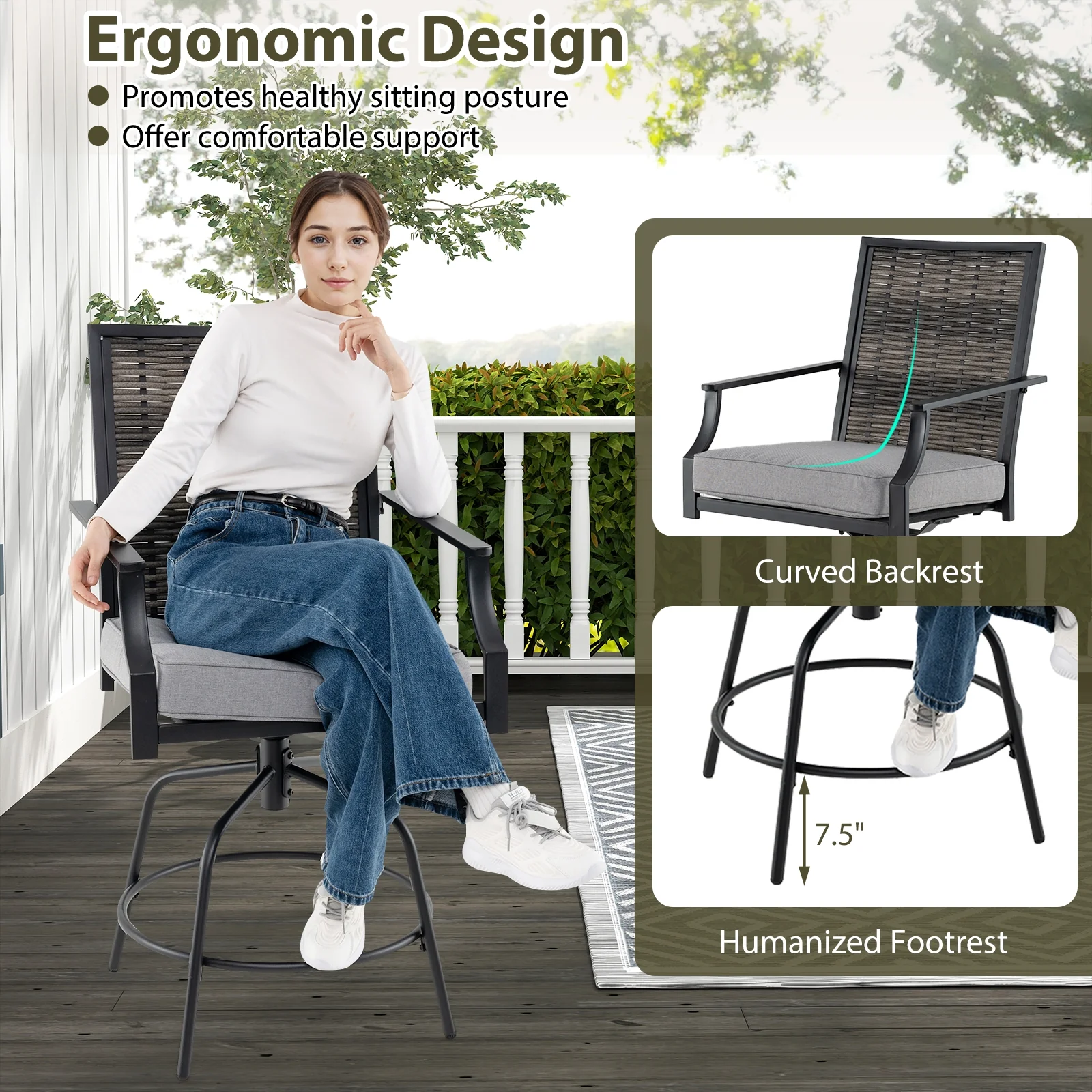 Outdoor PE Wicker Swivel Bar Stools, Set of 2, Counter Height, Gray - Image 7