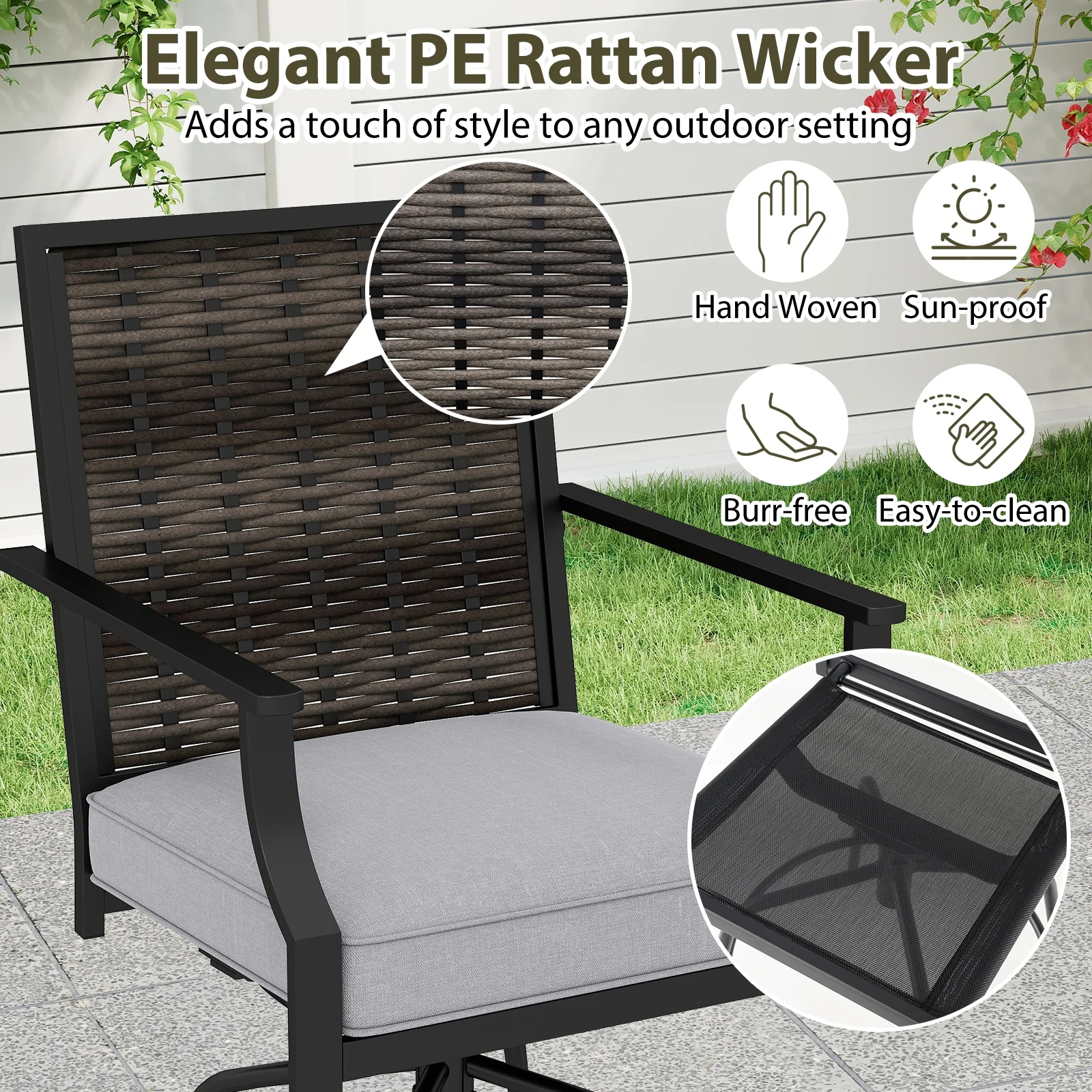 Outdoor PE Wicker Swivel Bar Stools, Set of 2, Counter Height, Gray - Image 8