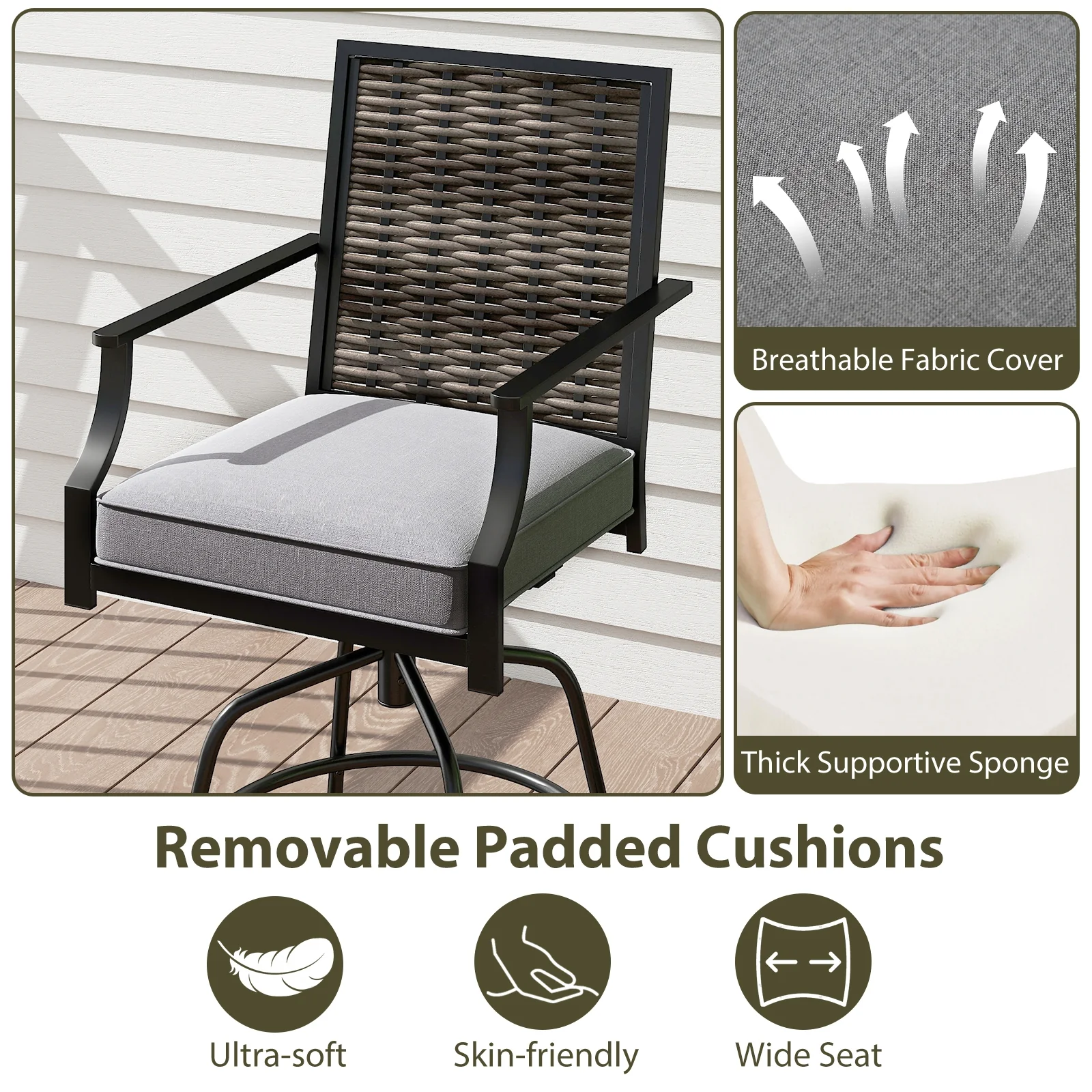Outdoor PE Wicker Swivel Bar Stools, Set of 2, Counter Height, Gray - Image 9