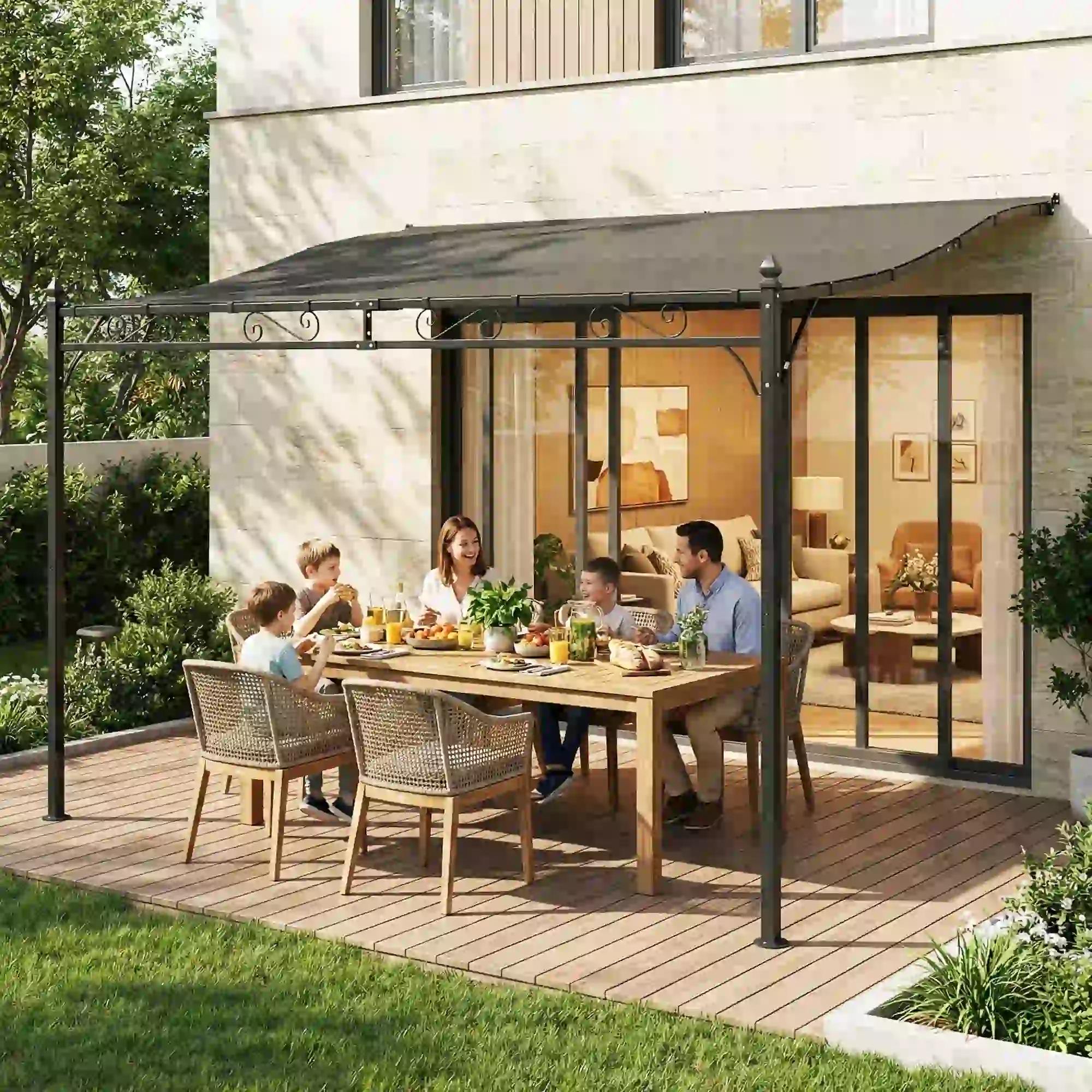 Outdoor Pergola, 11.5' x 8.2' Wall Mounted, Metal Frame, UPF30+, Garden Gazebo - Image 10