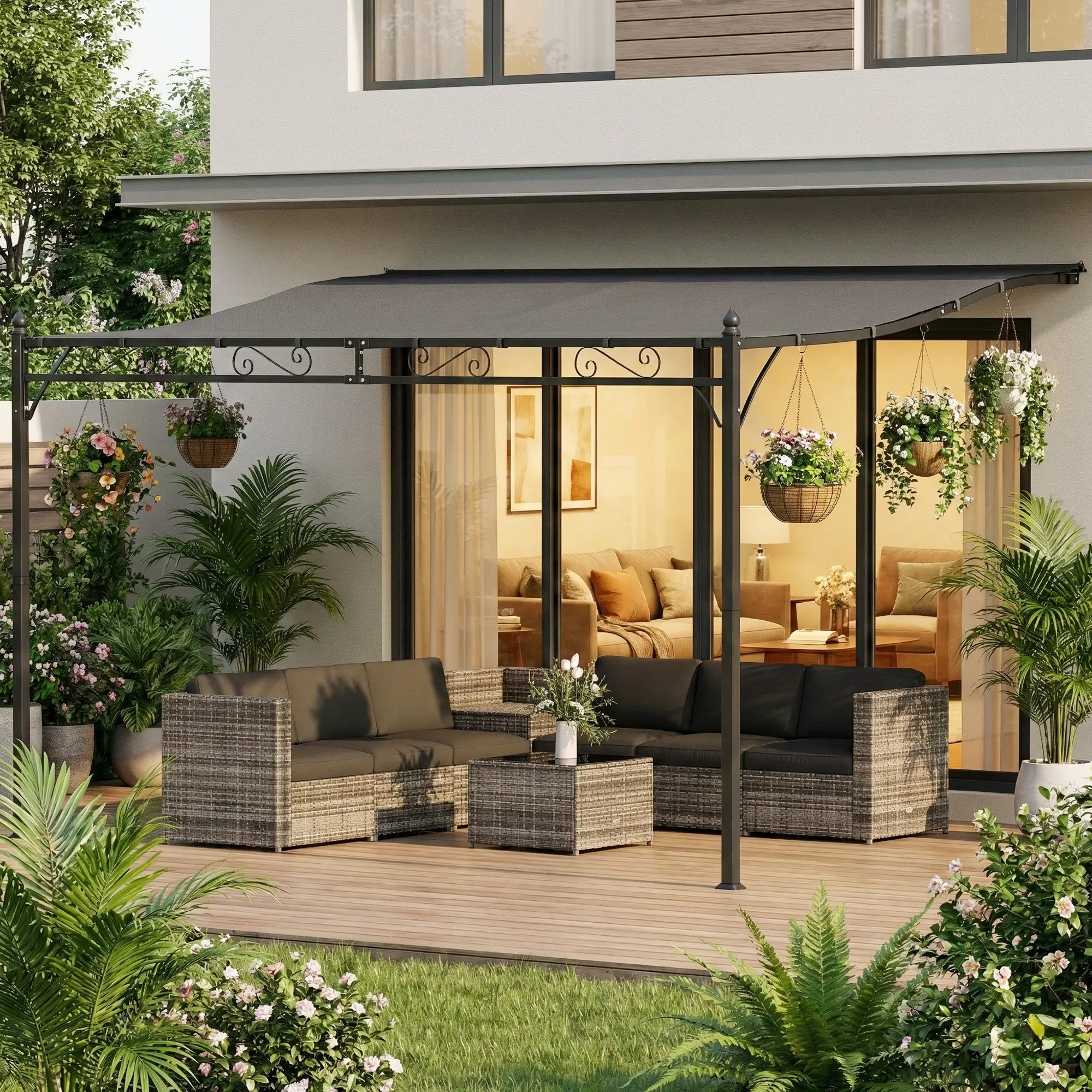 Outdoor Pergola, 11.5' x 8.2' Wall Mounted, Metal Frame, UPF30+, Garden Gazebo - Image 8