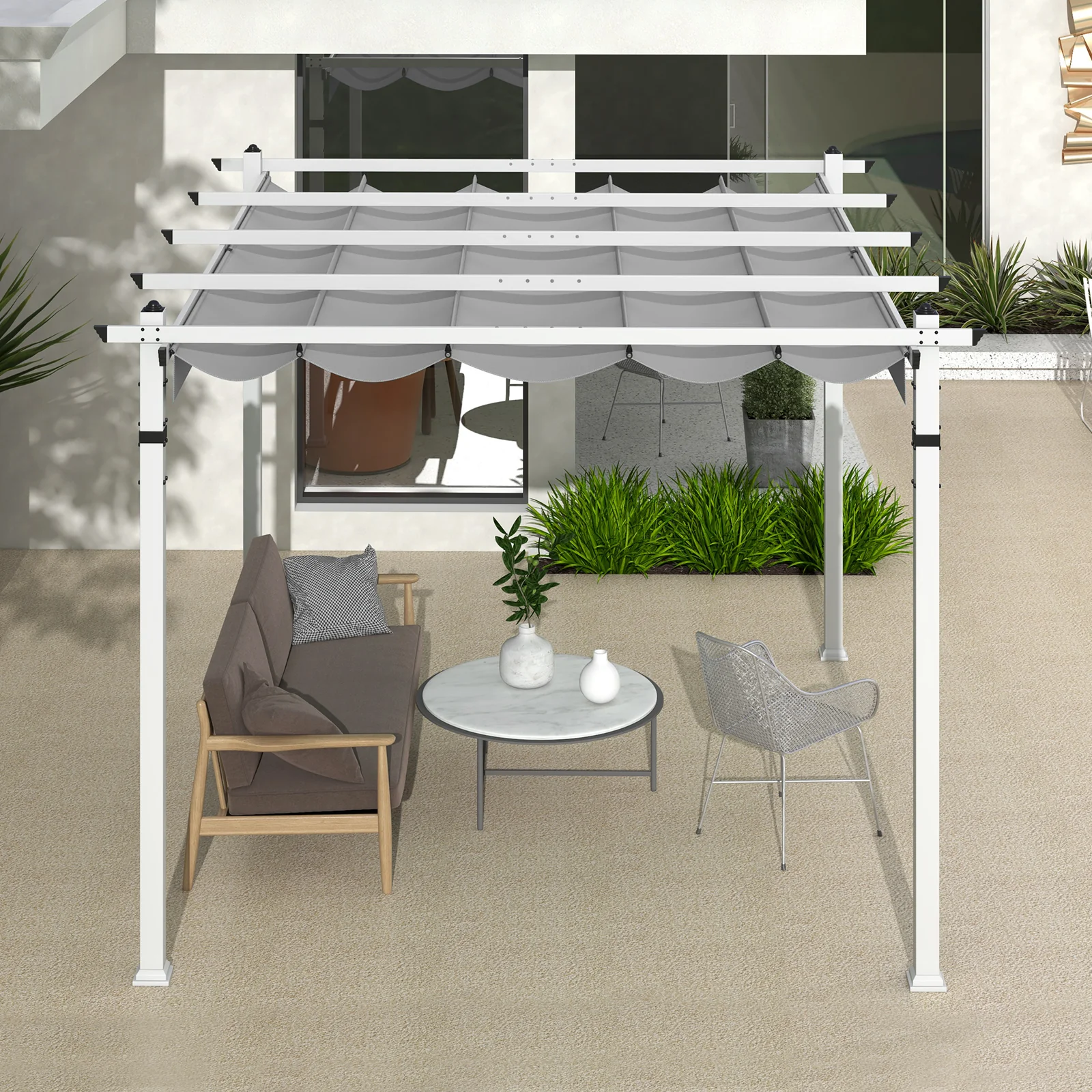 Outdoor Pergola, Retractable Canopy, Aluminum Frame, Gray - Image 2