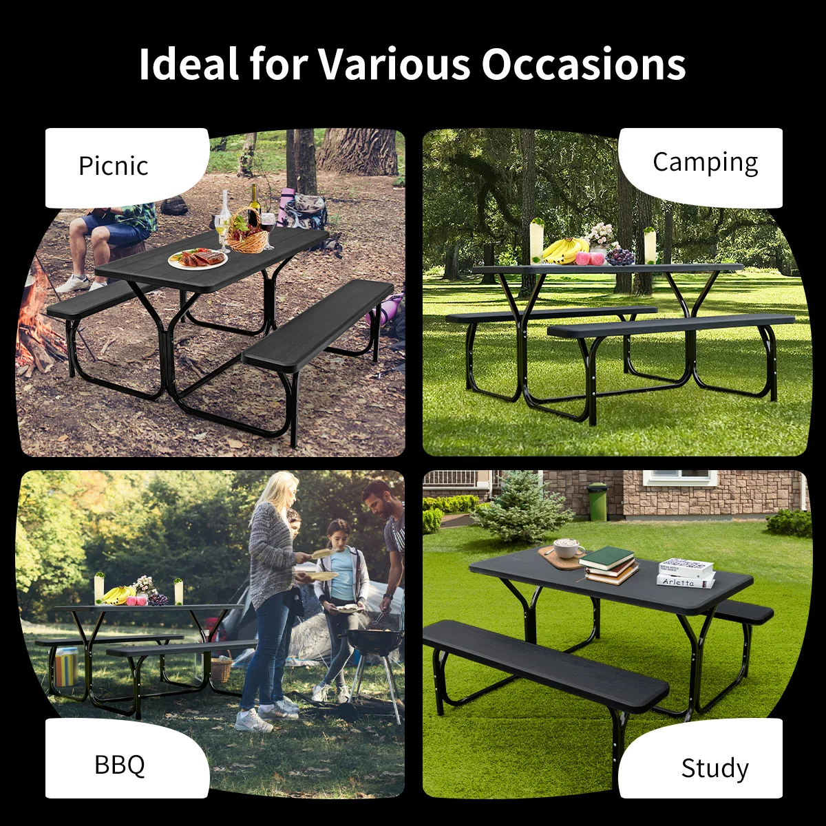 Outdoor Picnic Table Bench Set, Metal Base, Black - Image 9