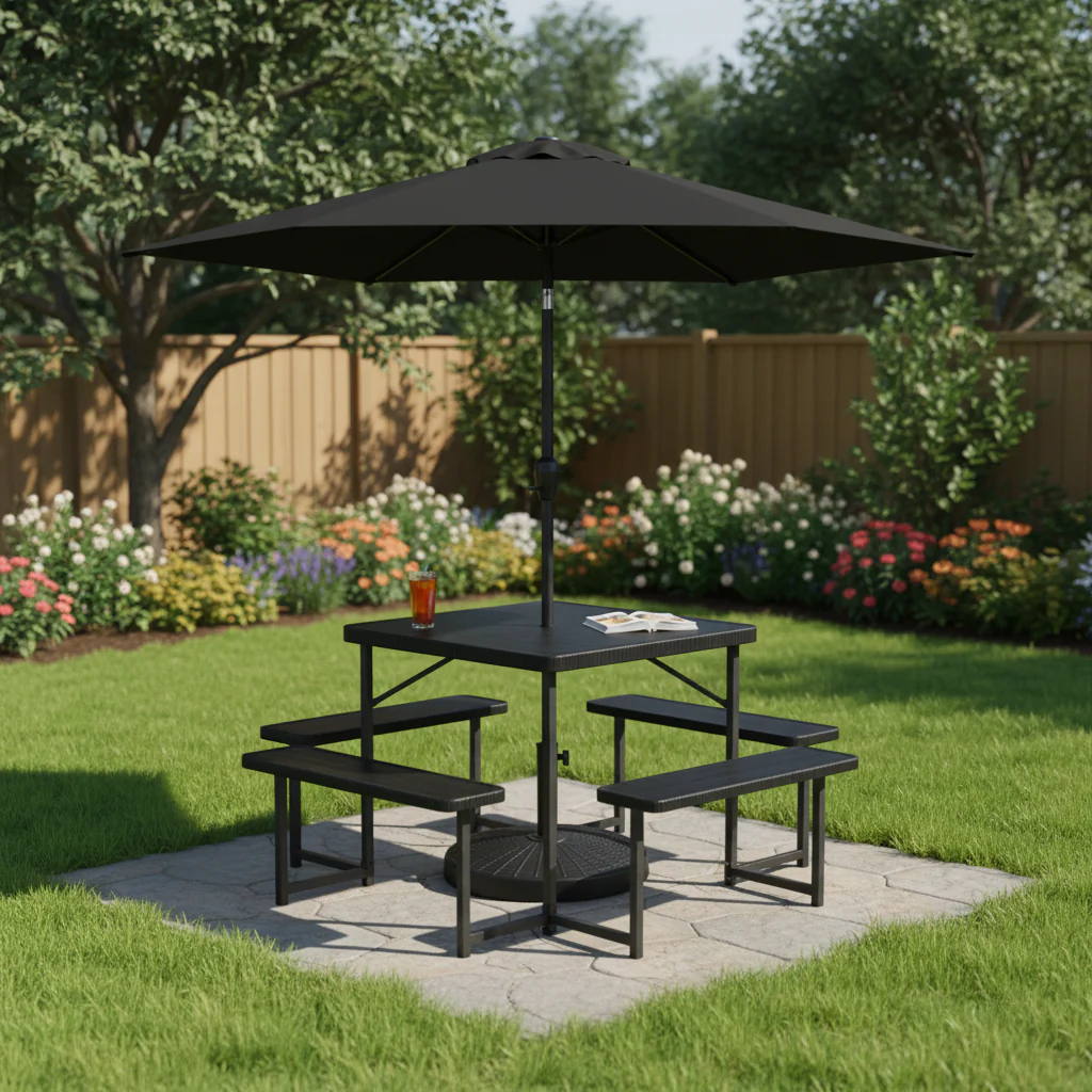 Outdoor Picnic Table Bench Set with Umbrella and Base for 4-8 People, Black - Image 2