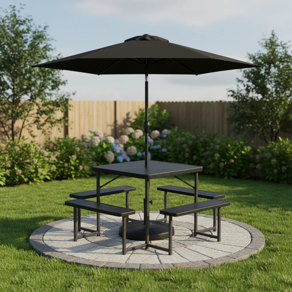 Outdoor Picnic Table Bench Set with Umbrella and Base for 4-8 People, Black - Image 6