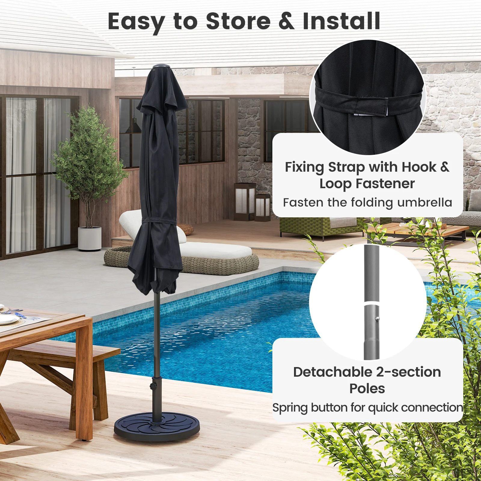 Outdoor Picnic Table Bench Set with Umbrella and Base for 4-8 People, Black - Image 9