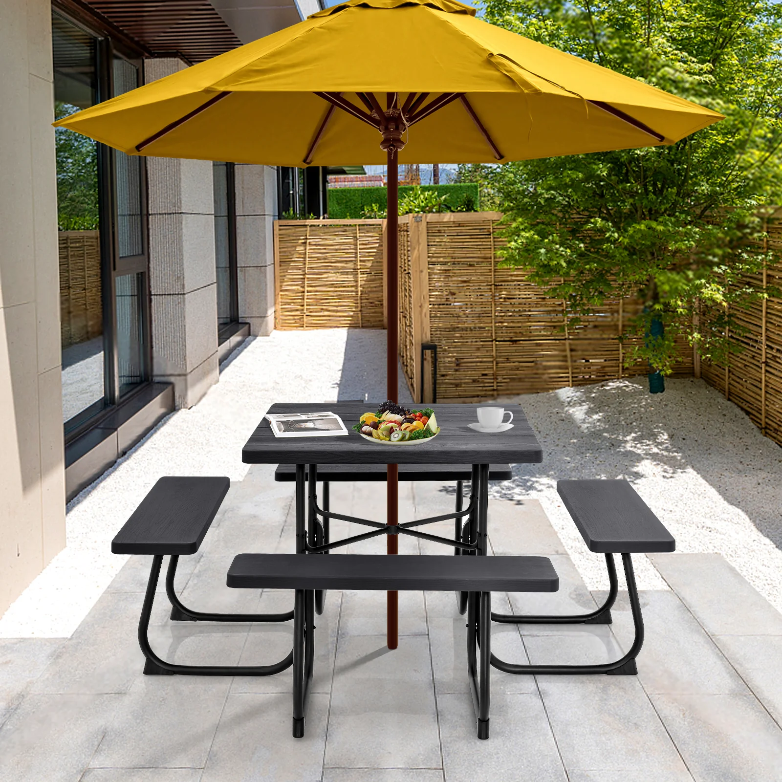 Outdoor Picnic Table With 4 Benches, Umbrella Hole, Brown - Image 2
