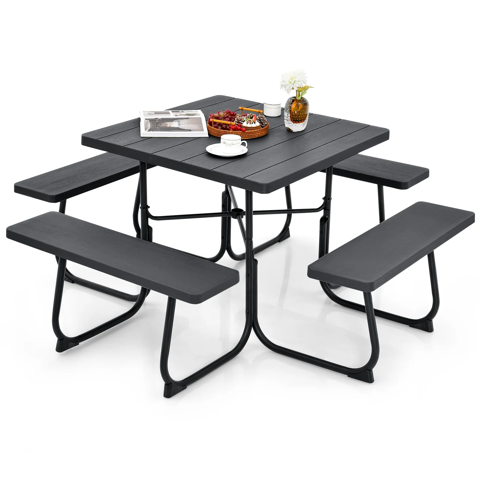 Outdoor Picnic Table With 4 Benches, Umbrella Hole, Brown - Image 3