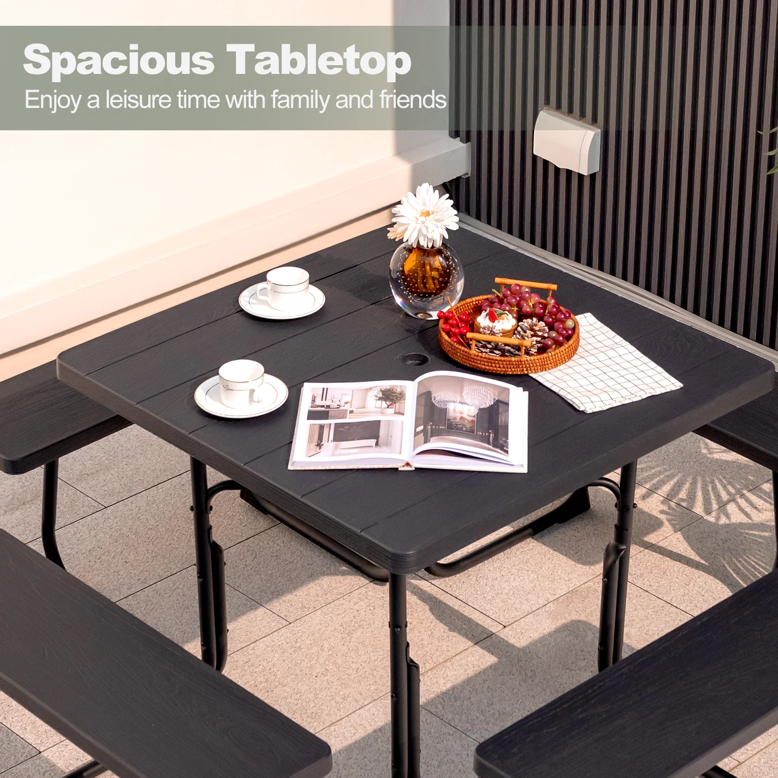 Outdoor Picnic Table With 4 Benches, Umbrella Hole, Brown - Image 5