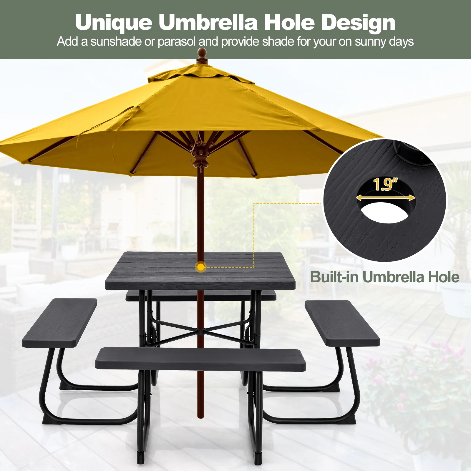Outdoor Picnic Table With 4 Benches, Umbrella Hole, Brown - Image 6