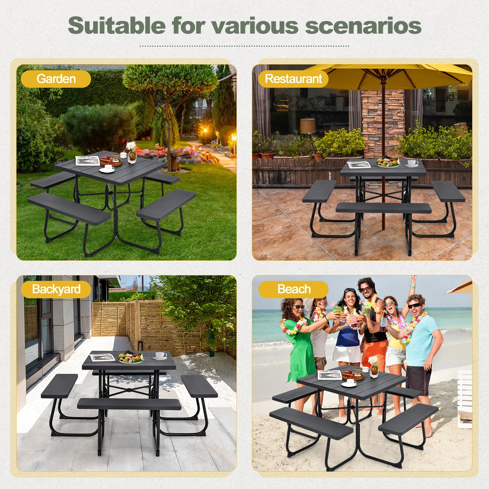 Outdoor Picnic Table With 4 Benches, Umbrella Hole, Brown - Image 7