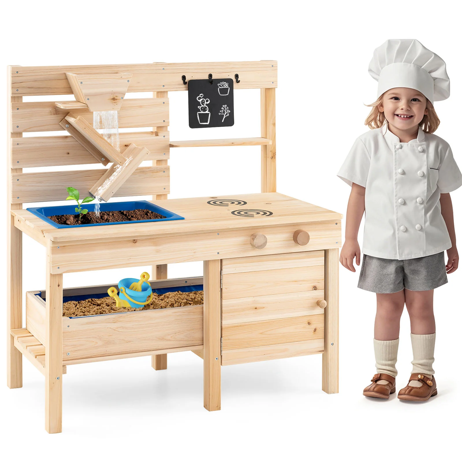 Outdoor Play Kitchen With Detachable Sandbox, Removable Sink, Natural