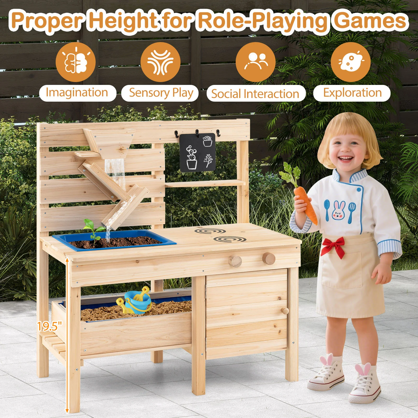 Outdoor Play Kitchen With Detachable Sandbox, Removable Sink, Natural - Image 10