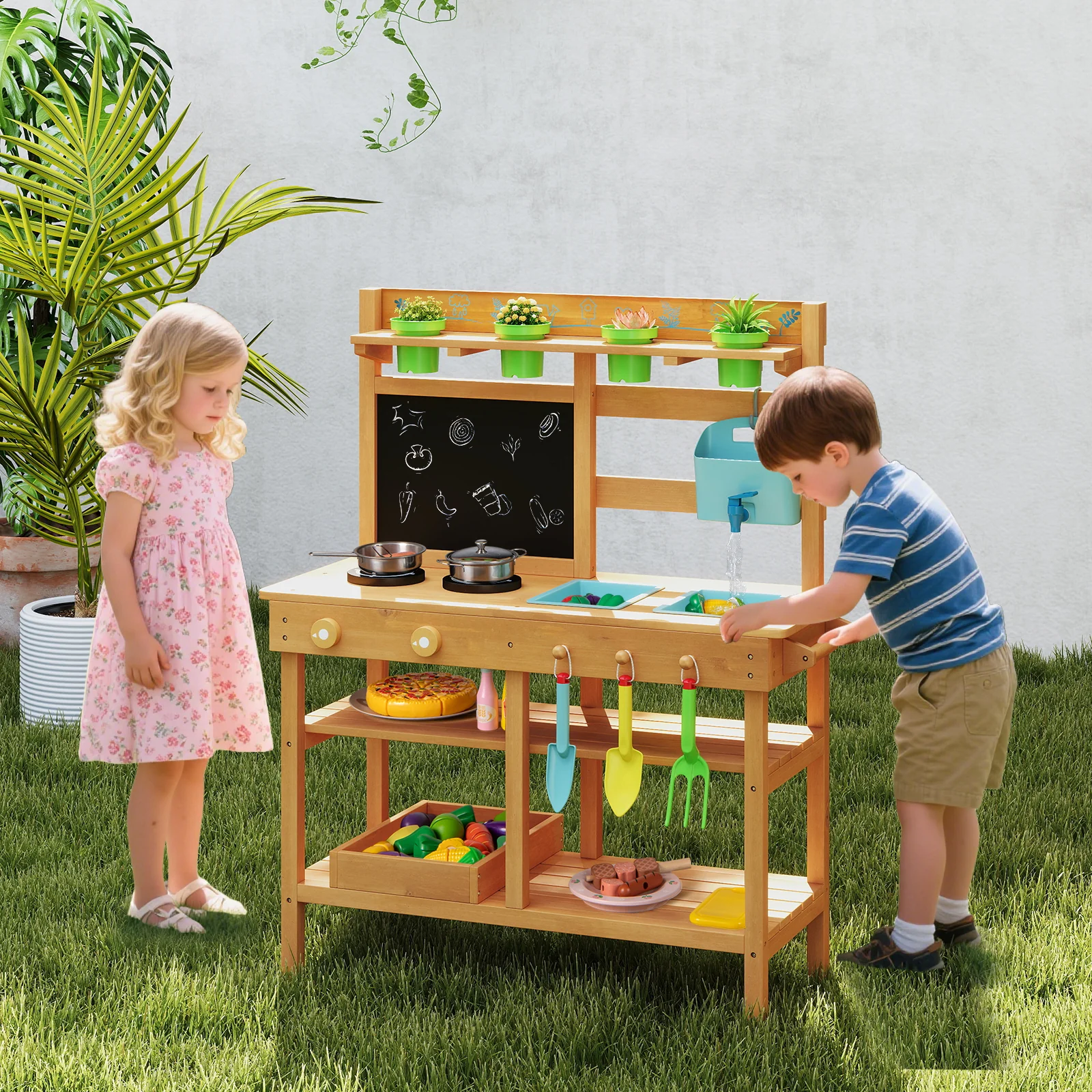 Outdoor Play Kitchen With Faucet, Removable Sinks, Natural - Image 2