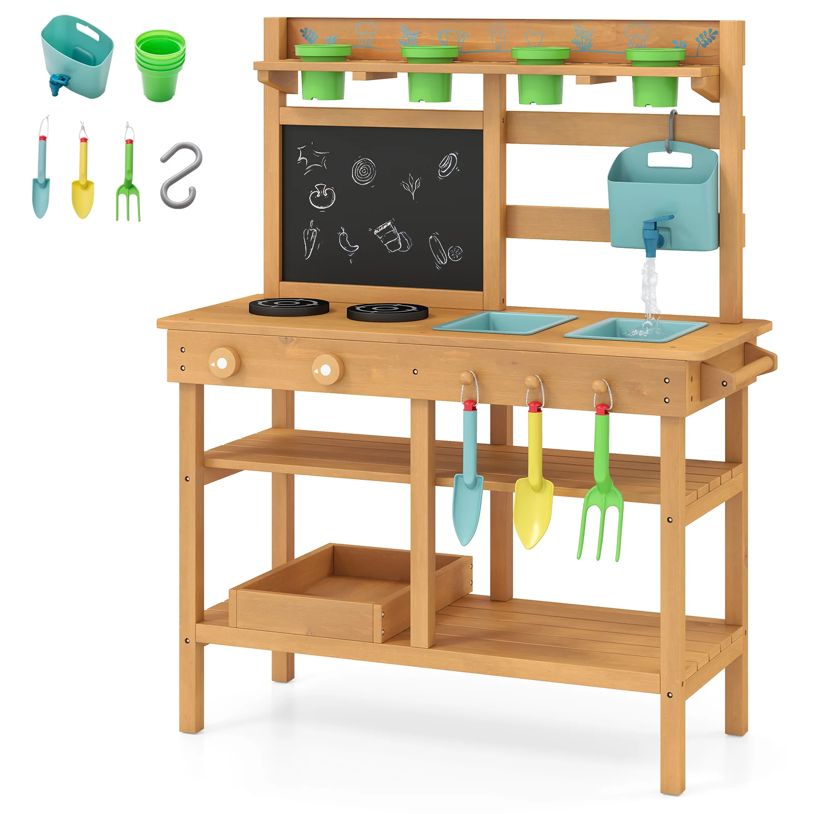 Outdoor Play Kitchen With Faucet, Removable Sinks, Natural - Image 5