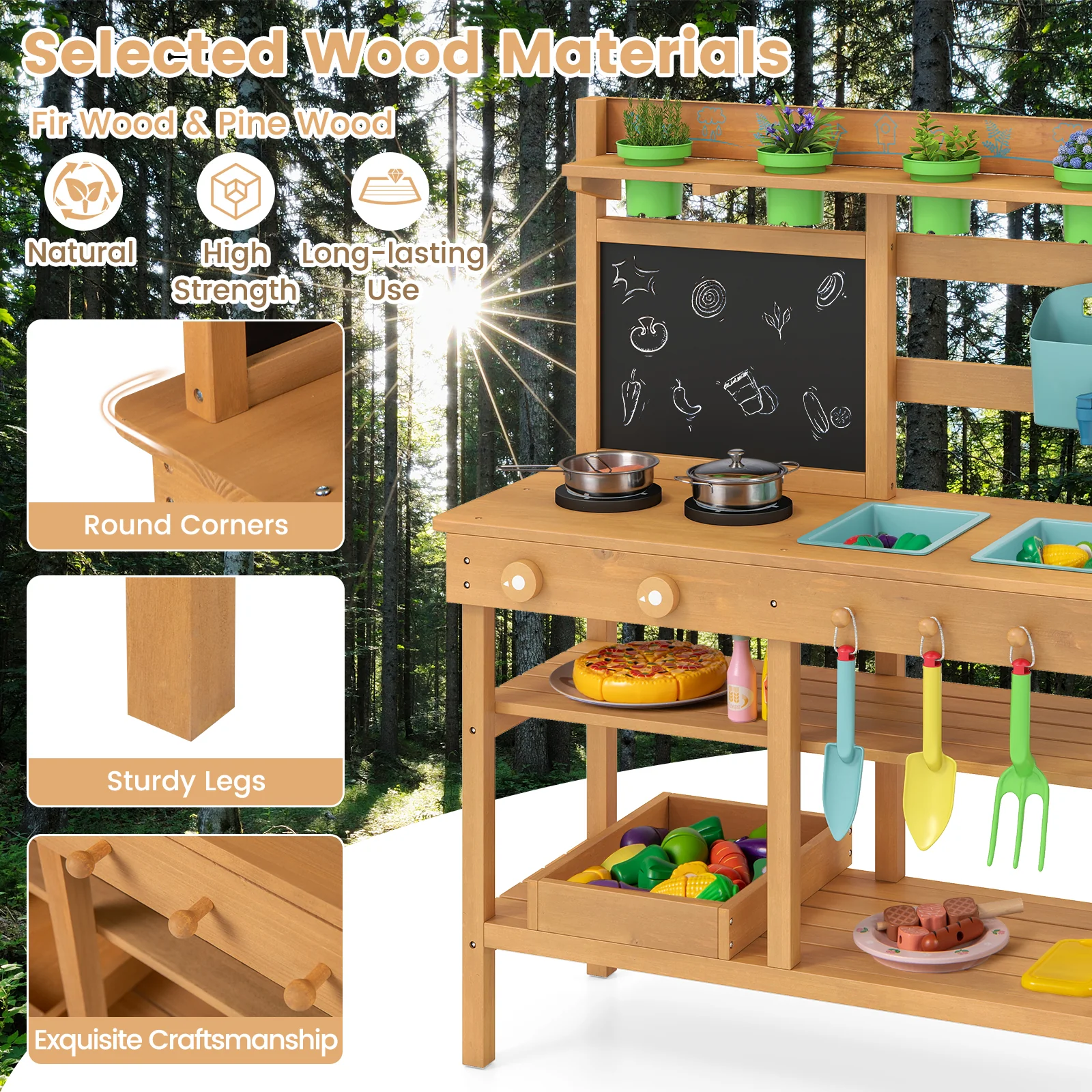 Outdoor Play Kitchen With Faucet, Removable Sinks, Natural - Image 6