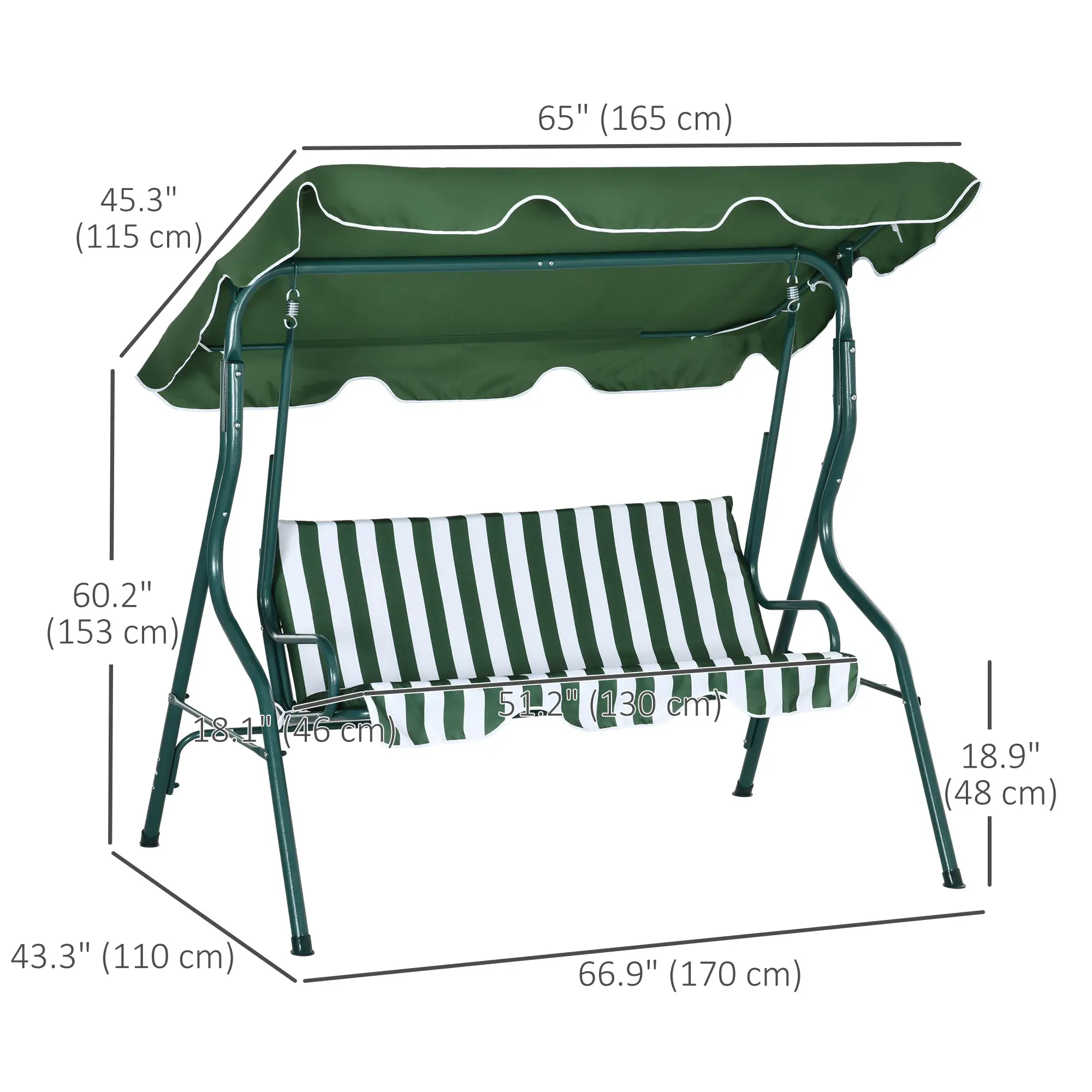 Outdoor Porch Swing, Adjustable Canopy, 3-Seater, Green - Image 3