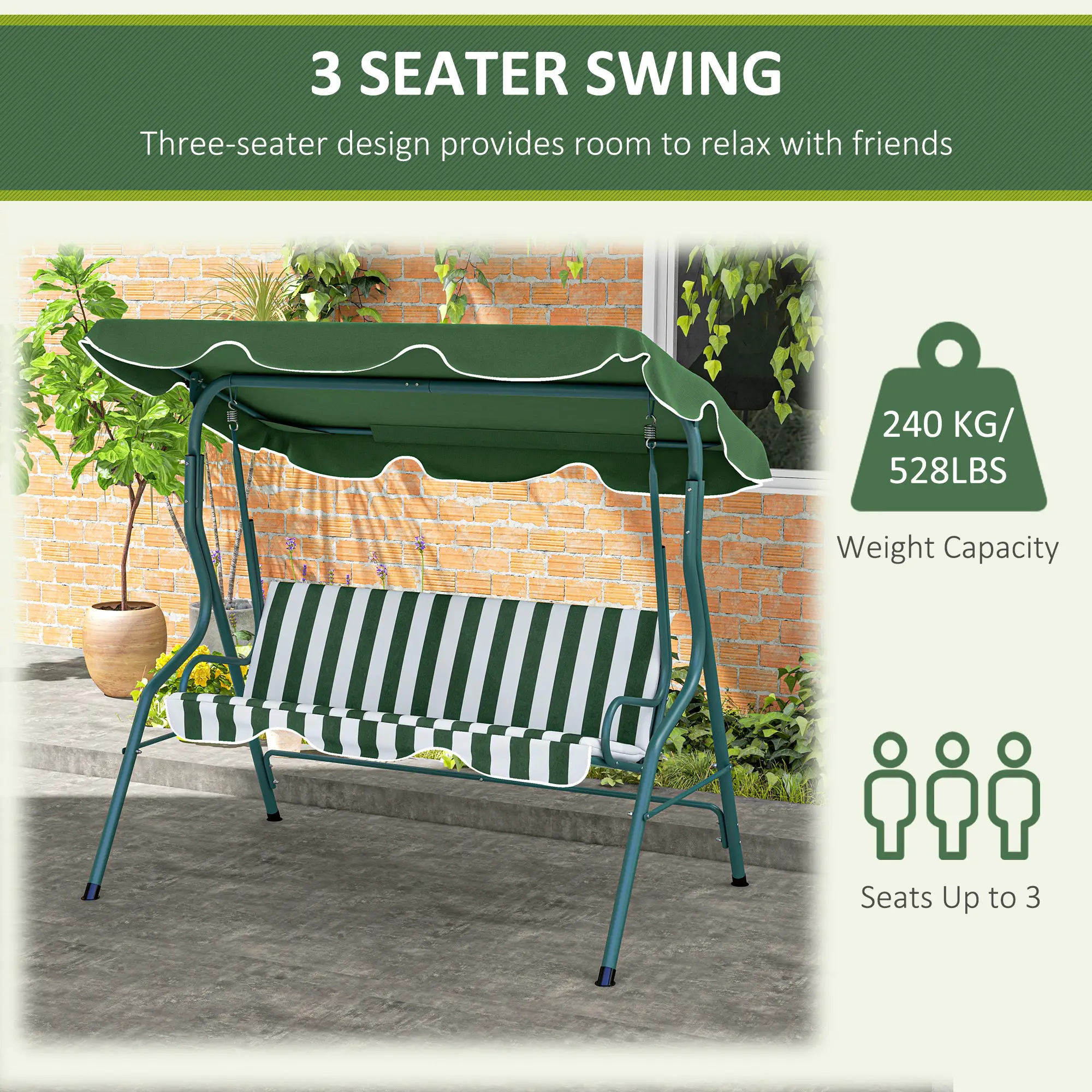 Outdoor Porch Swing, Adjustable Canopy, 3-Seater, Green - Image 6