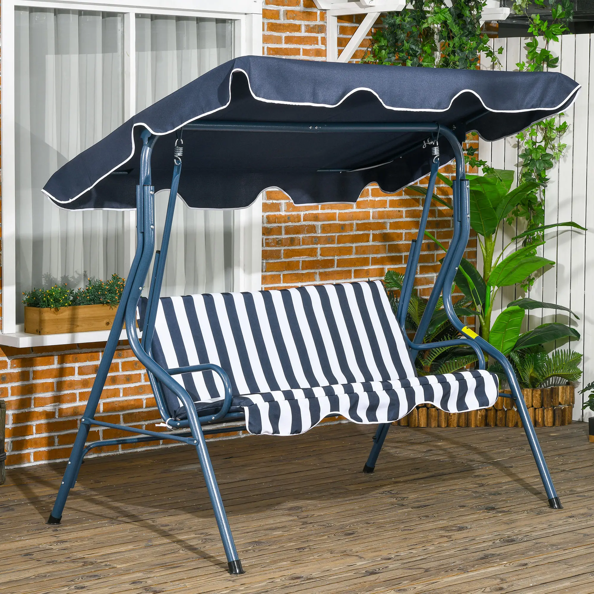 Outdoor Porch Swing, Adjustable Canopy, 3-Seater with Cushion, Blue - Image 2