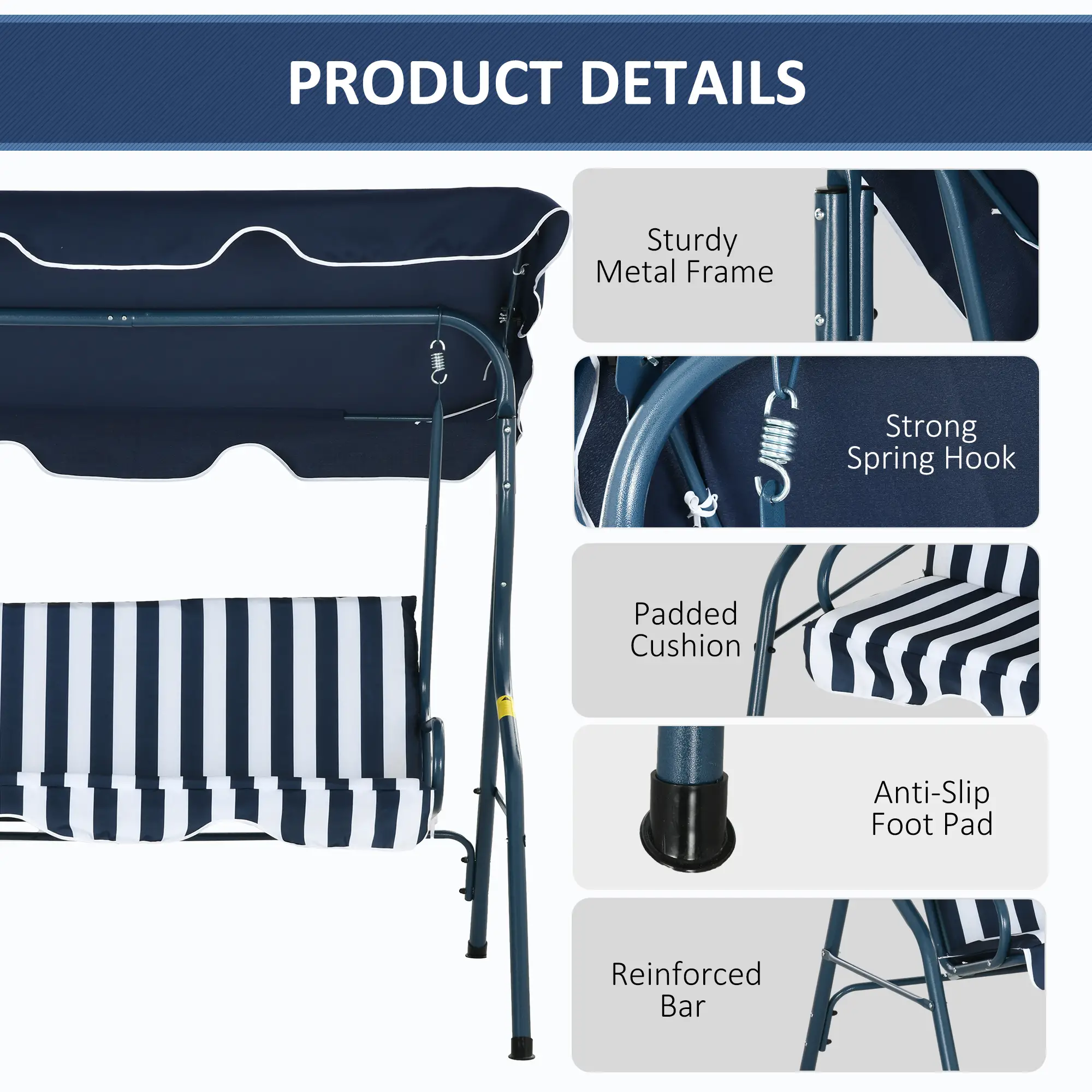 Outdoor Porch Swing, Adjustable Canopy, 3-Seater with Cushion, Blue - Image 5