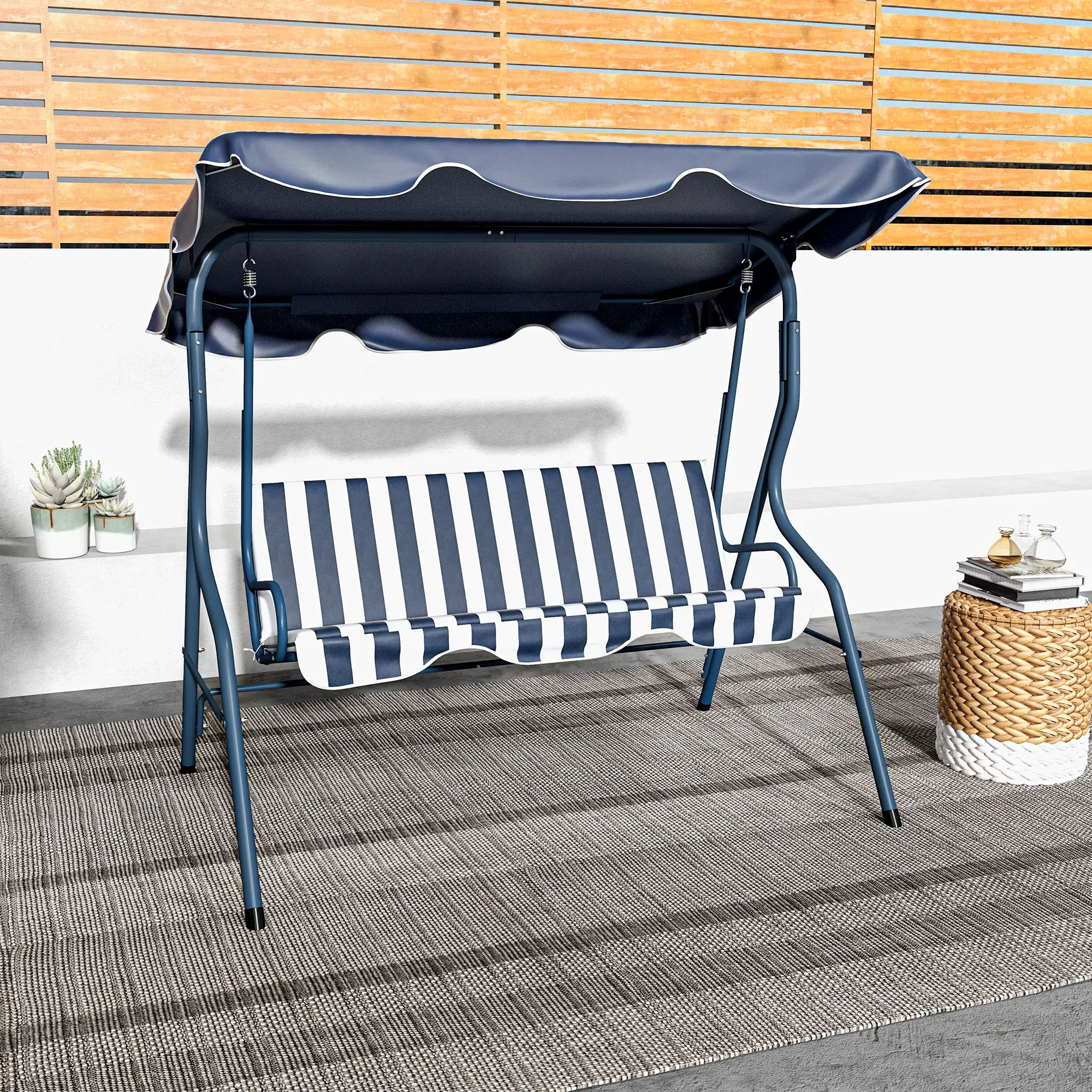 Outdoor Porch Swing, Adjustable Canopy, 3-Seater with Cushion, Blue - Image 7