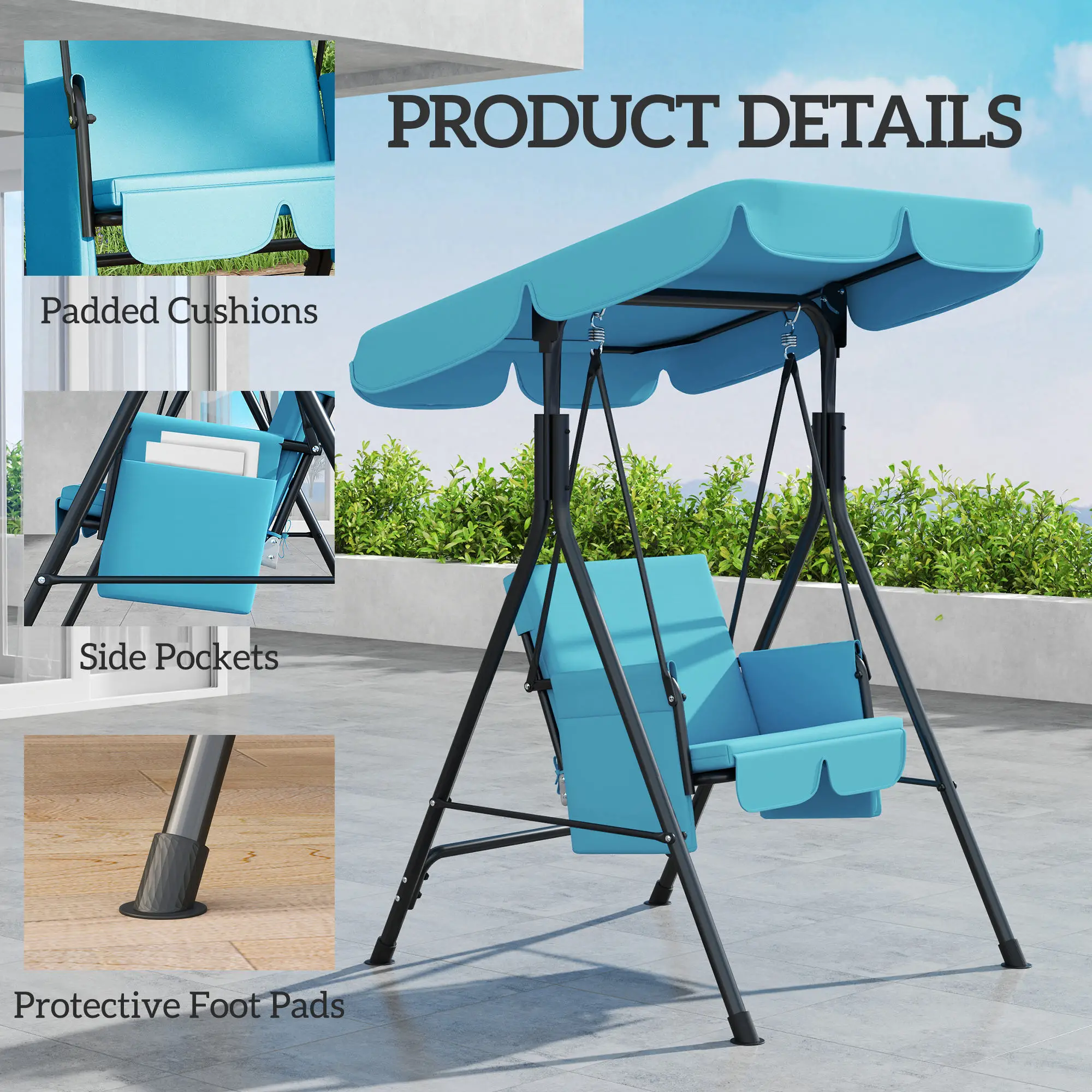 Outdoor Porch Swing, Adjustable Canopy, Removable Cushion, 1-Seat - Image 6