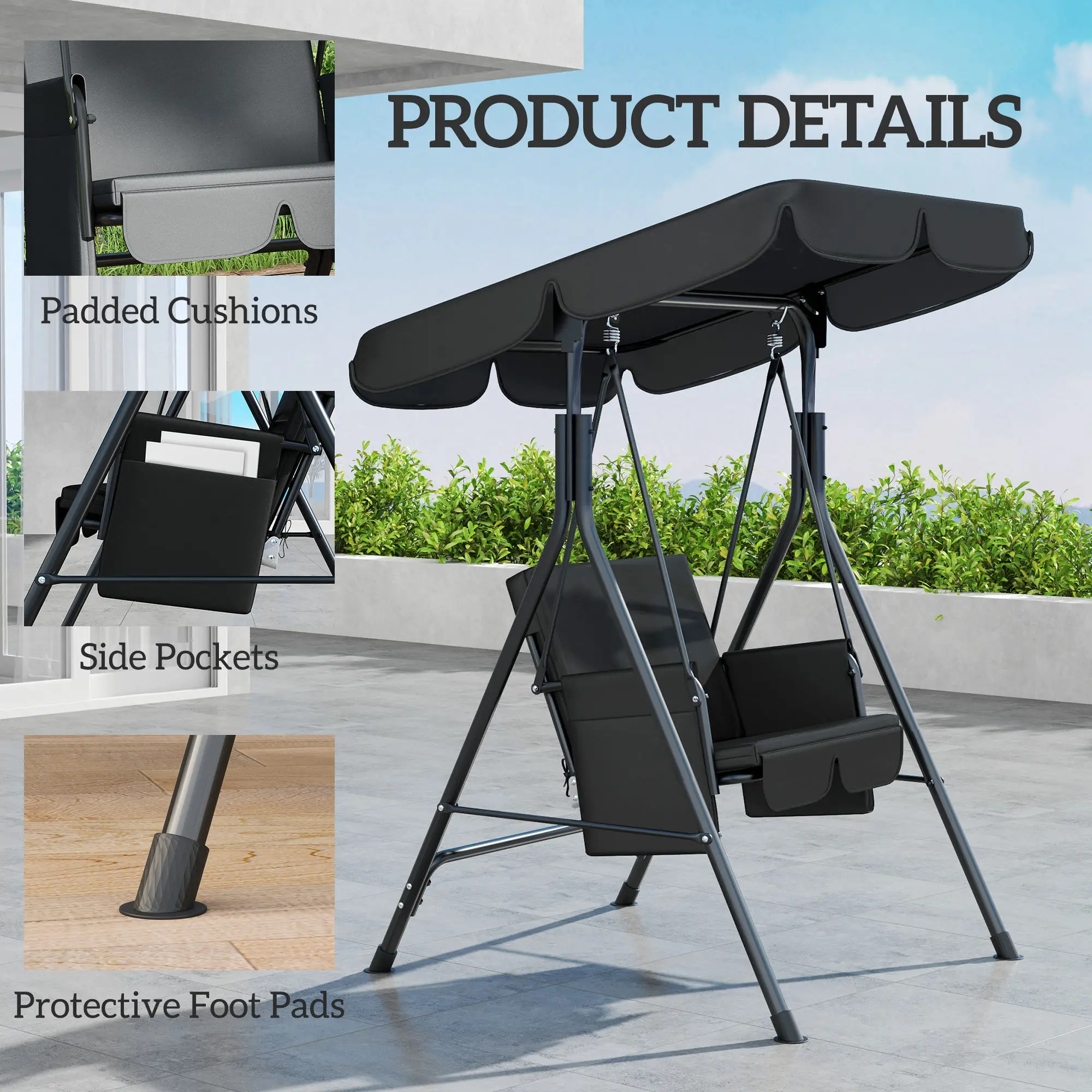 Outdoor Porch Swing, Adjustable Canopy, Removable Cushion, 1-Seat - Image 6