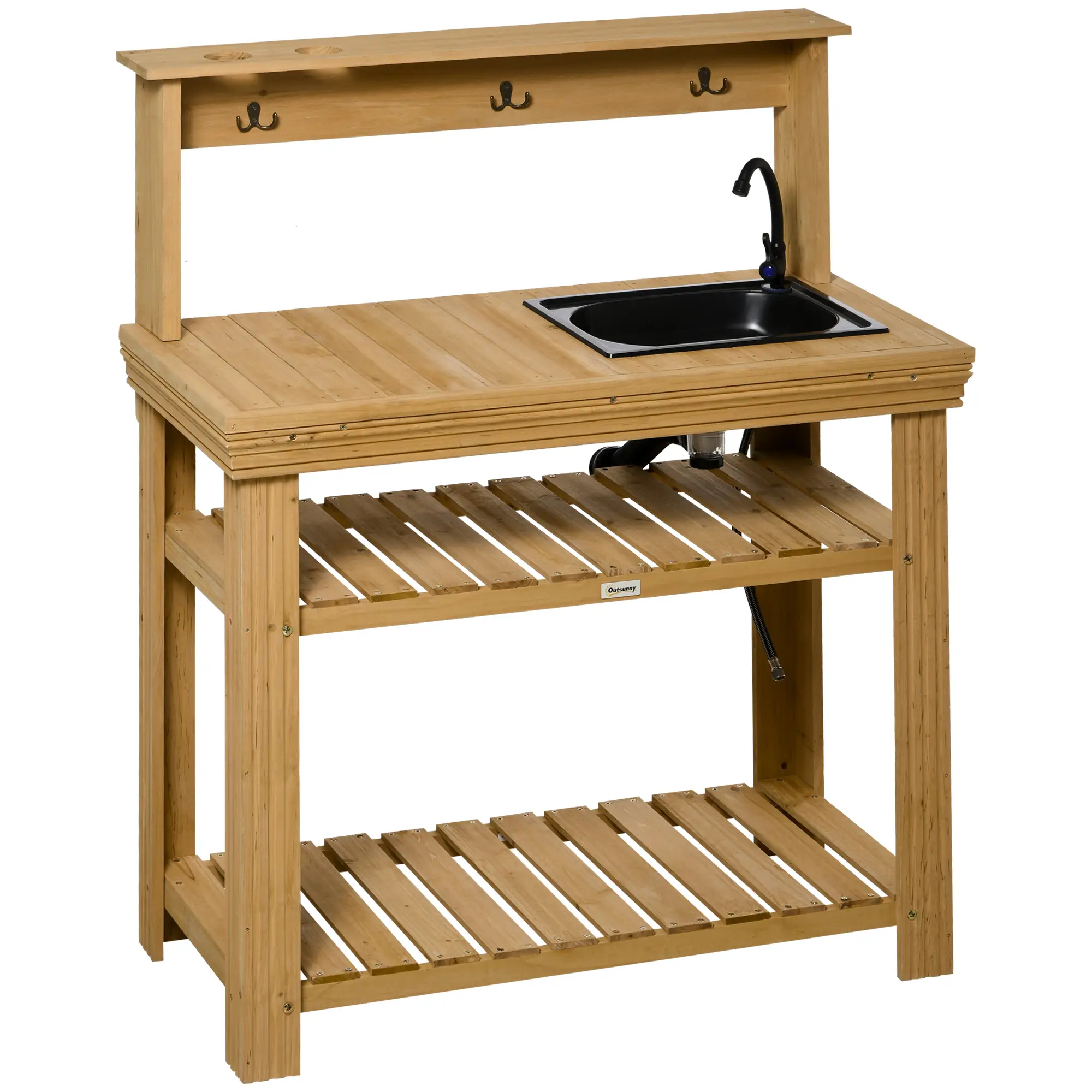 Outdoor Potting Bench with Faucet, Removable Sink, Hooks, Storage Shelves - Image 11