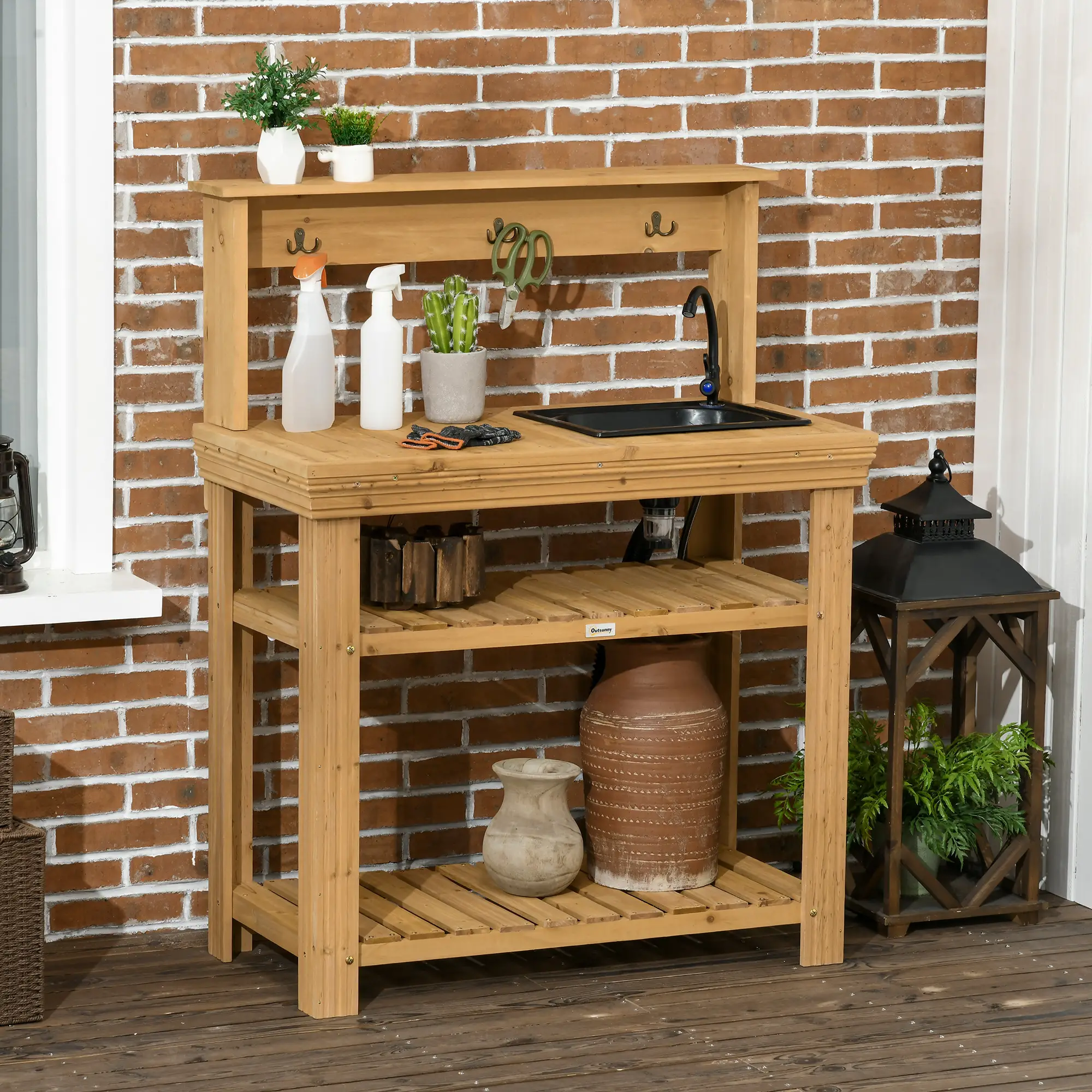 Outdoor Potting Bench with Faucet, Removable Sink, Hooks, Storage Shelves - Image 2