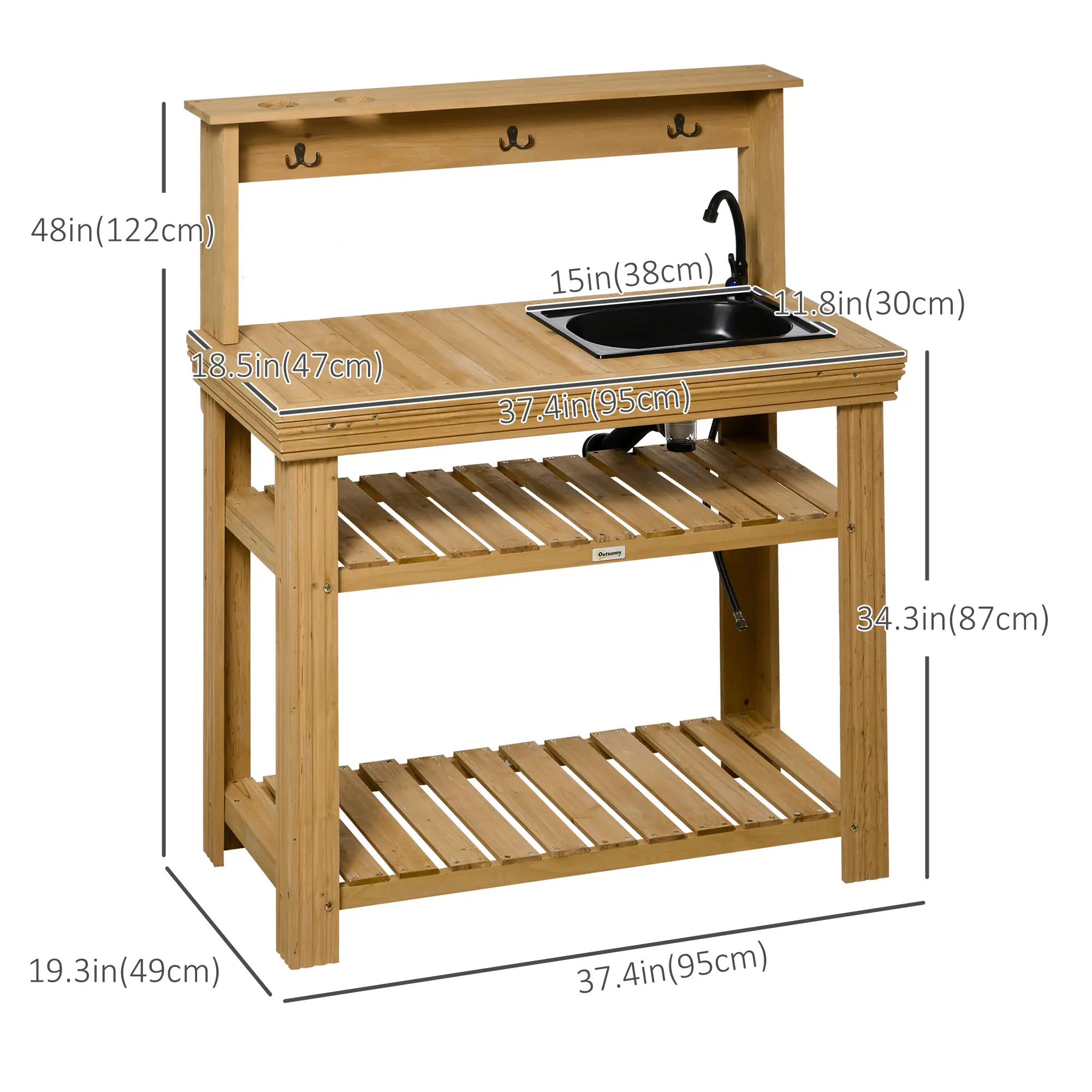 Outdoor Potting Bench with Faucet, Removable Sink, Hooks, Storage Shelves - Image 3