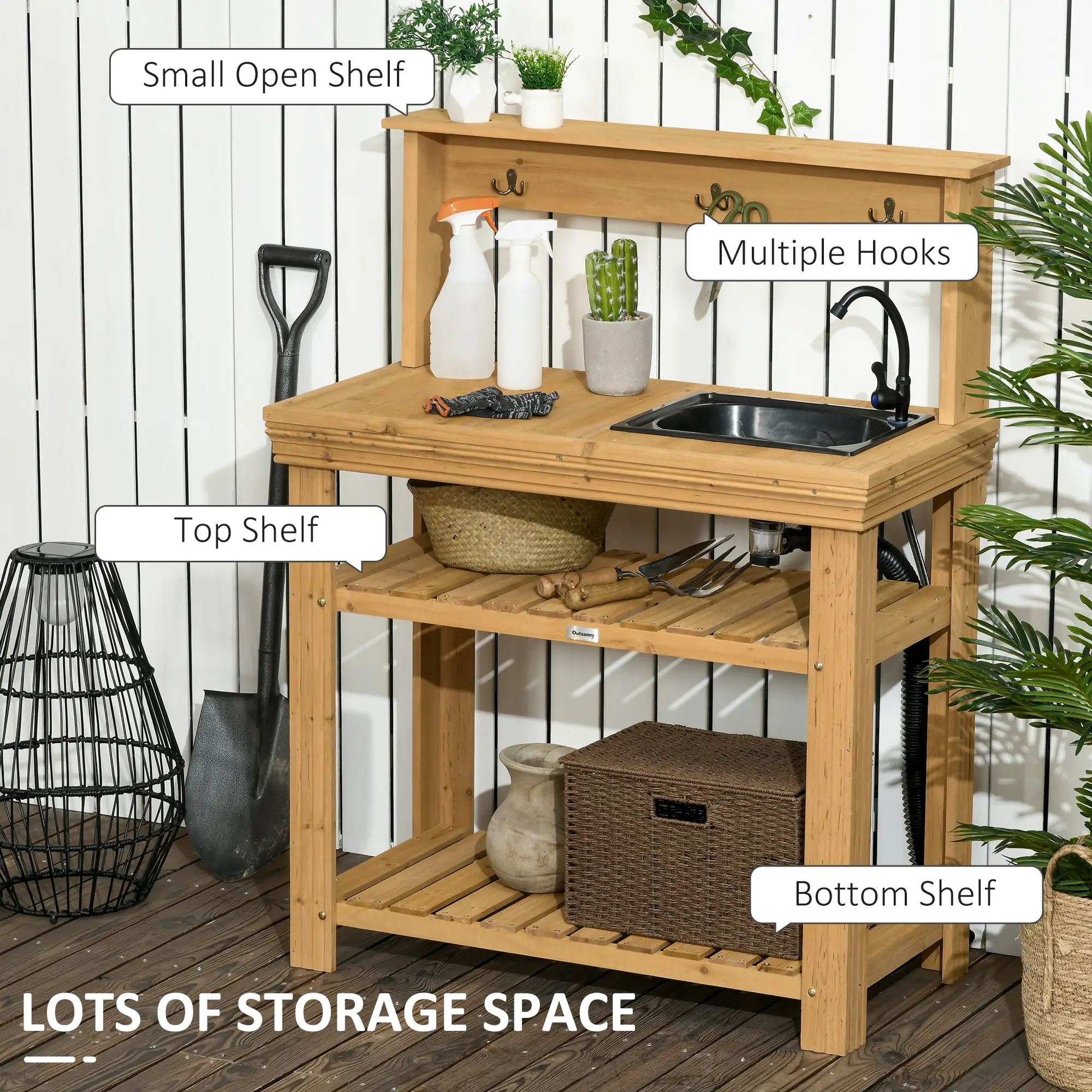 Outdoor Potting Bench with Faucet, Removable Sink, Hooks, Storage Shelves - Image 4