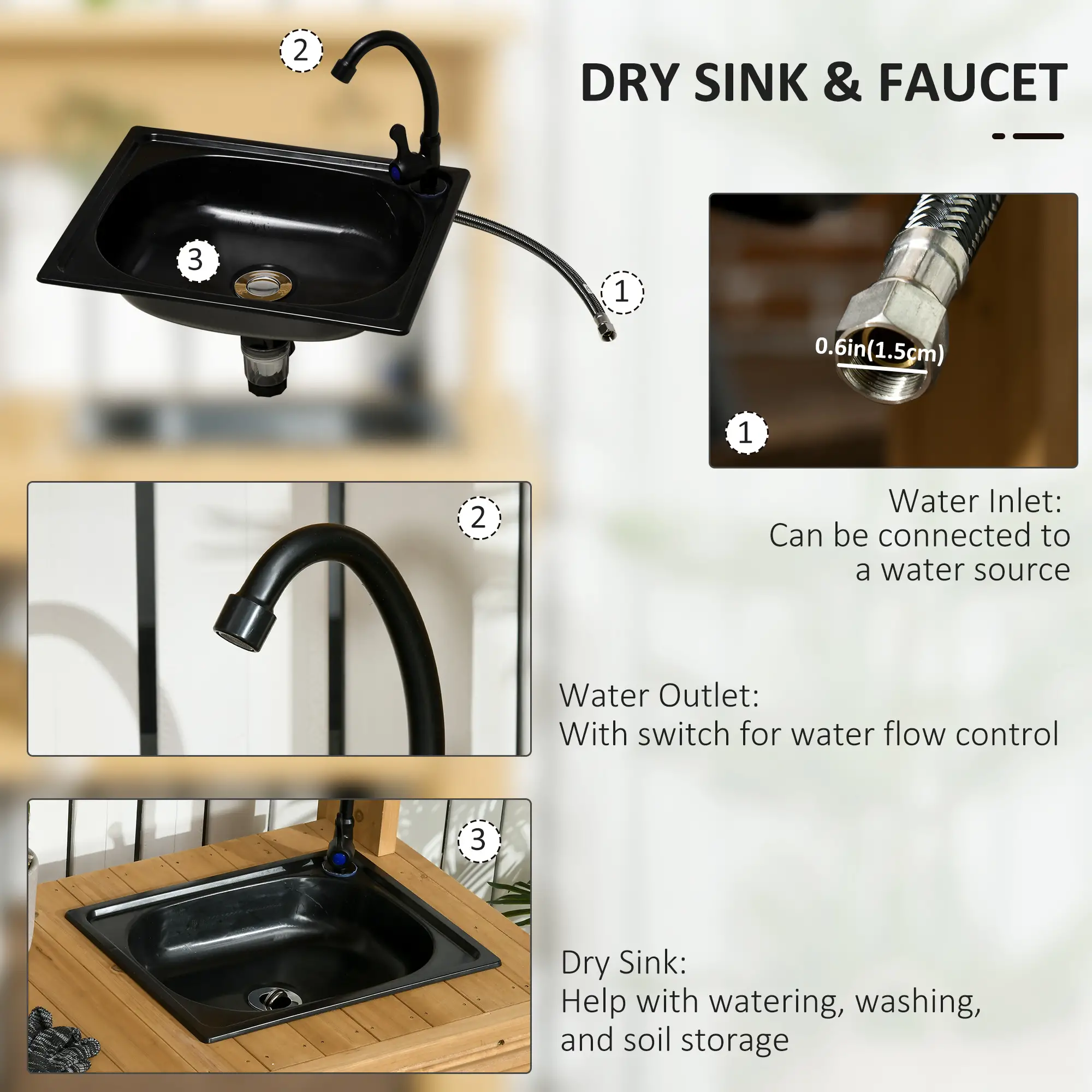 Outdoor Potting Bench with Faucet, Removable Sink, Hooks, Storage Shelves - Image 5