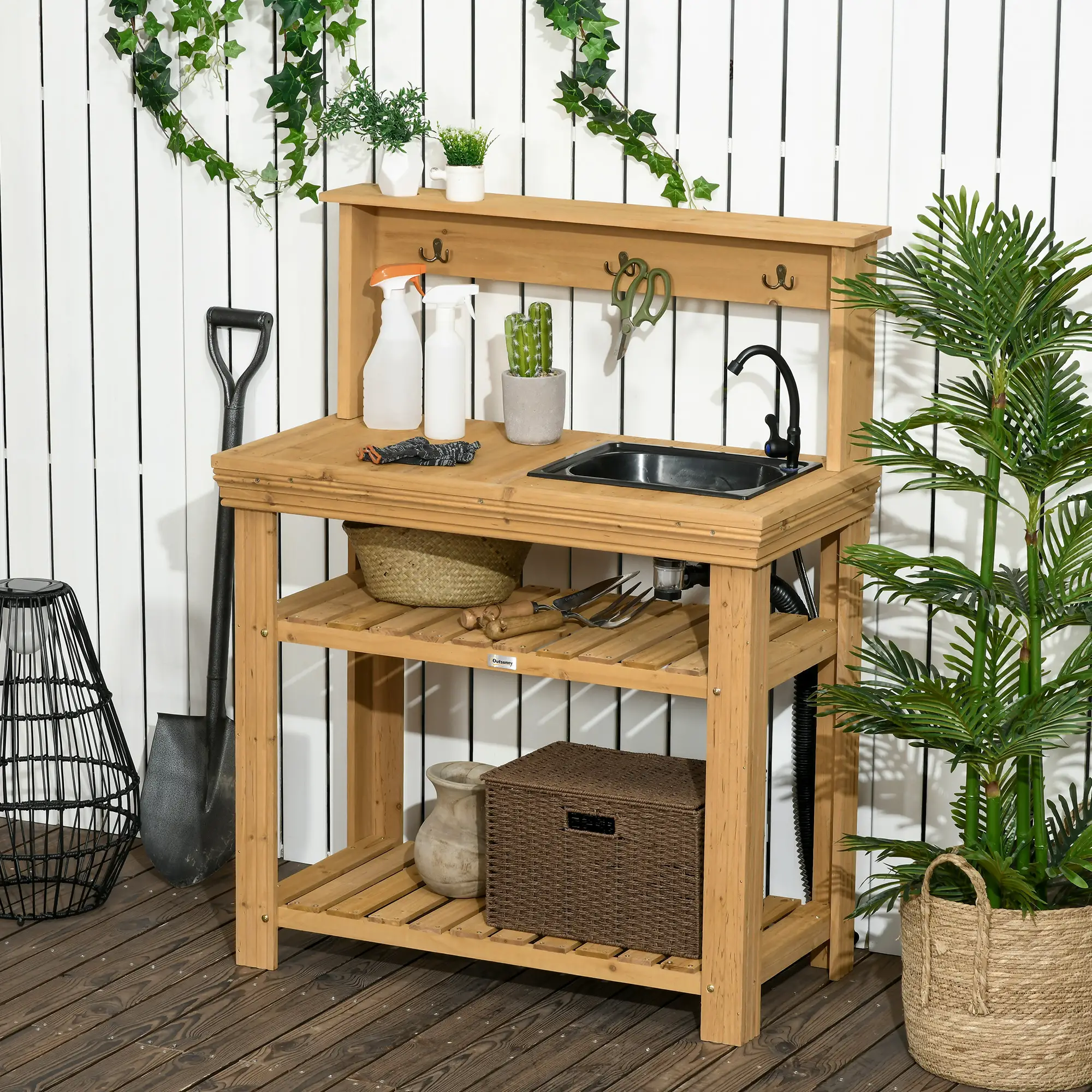 Outdoor Potting Bench with Faucet, Removable Sink, Hooks, Storage Shelves - Image 8