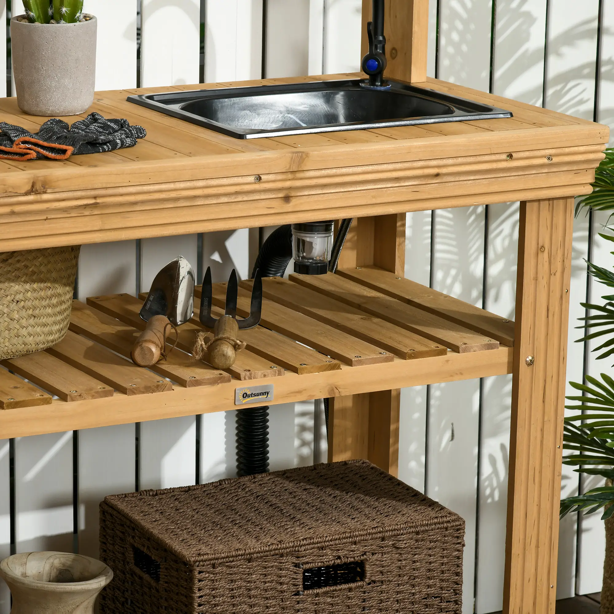 Outdoor Potting Bench with Faucet, Removable Sink, Hooks, Storage Shelves - Image 9