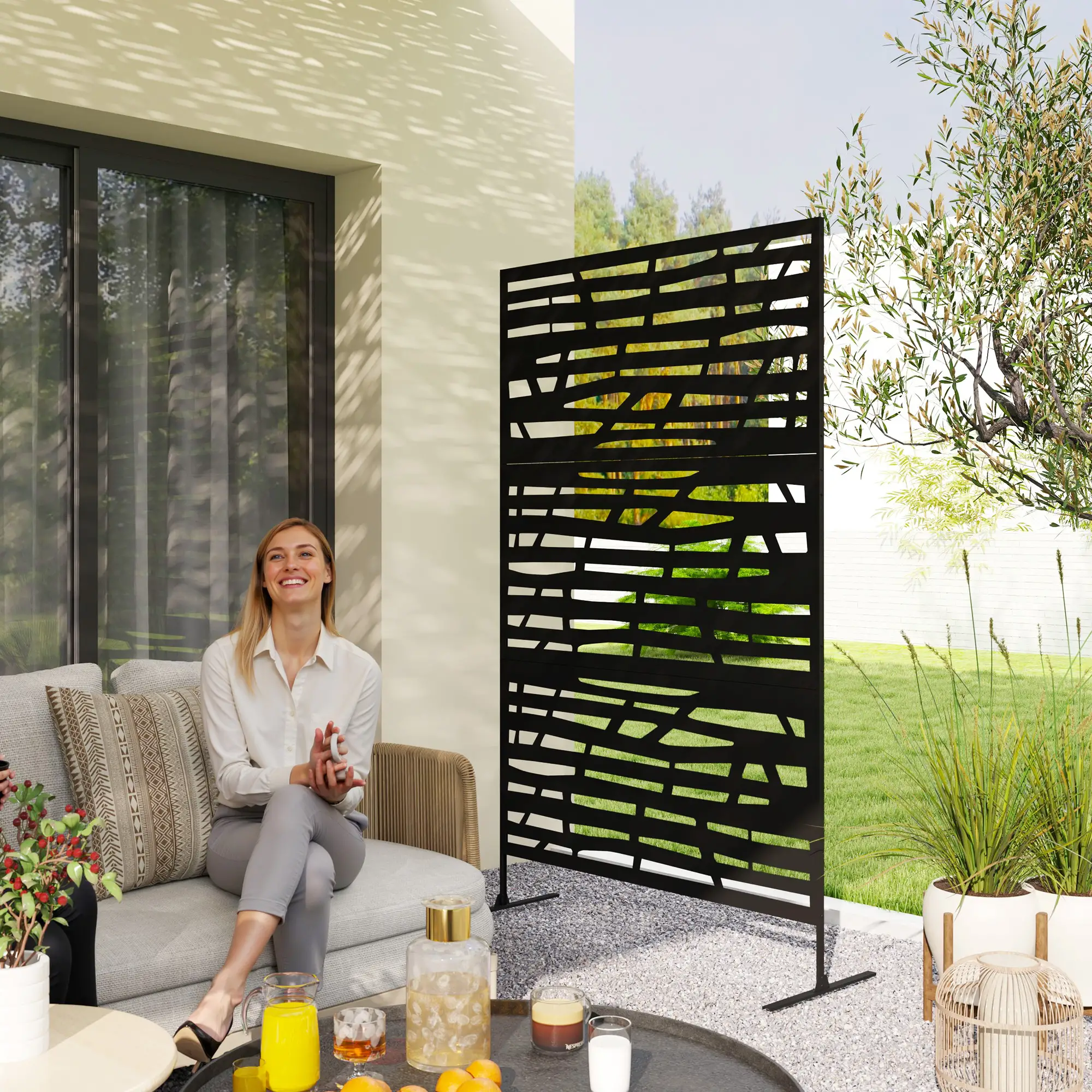 Outdoor Privacy Panel, Freestanding Metal Divider, Garden, Backyard, Deck, Black - Image 2
