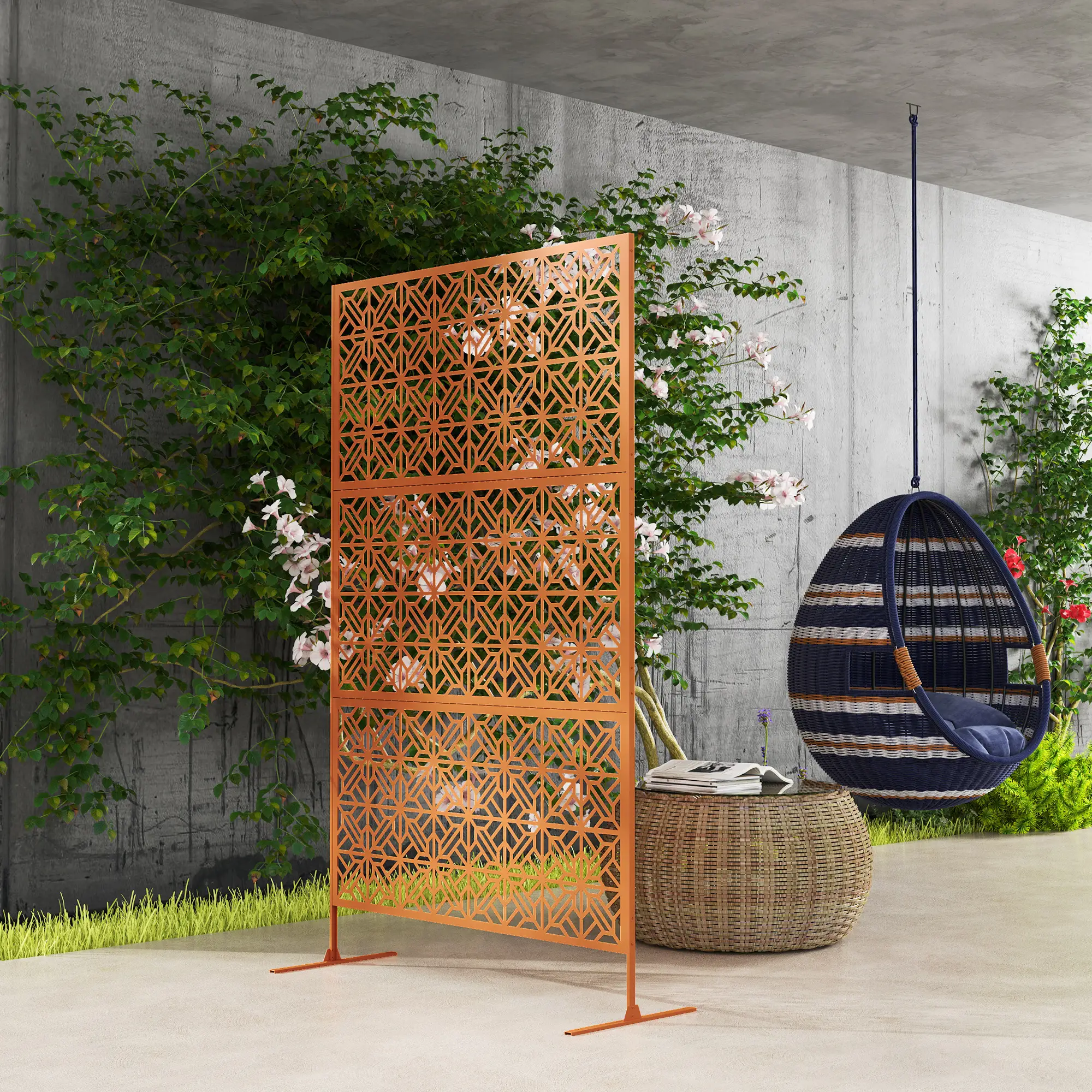 Outdoor Privacy Panel, Freestanding Metal Divider, Garden, Backyard, Deck, Brown - Image 9