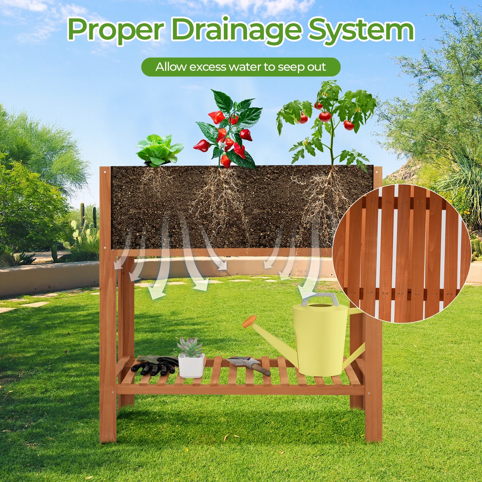 Outdoor Raised Garden Bed, Fir Wood Planter Box With Storage Shelf, Brown - Image 10