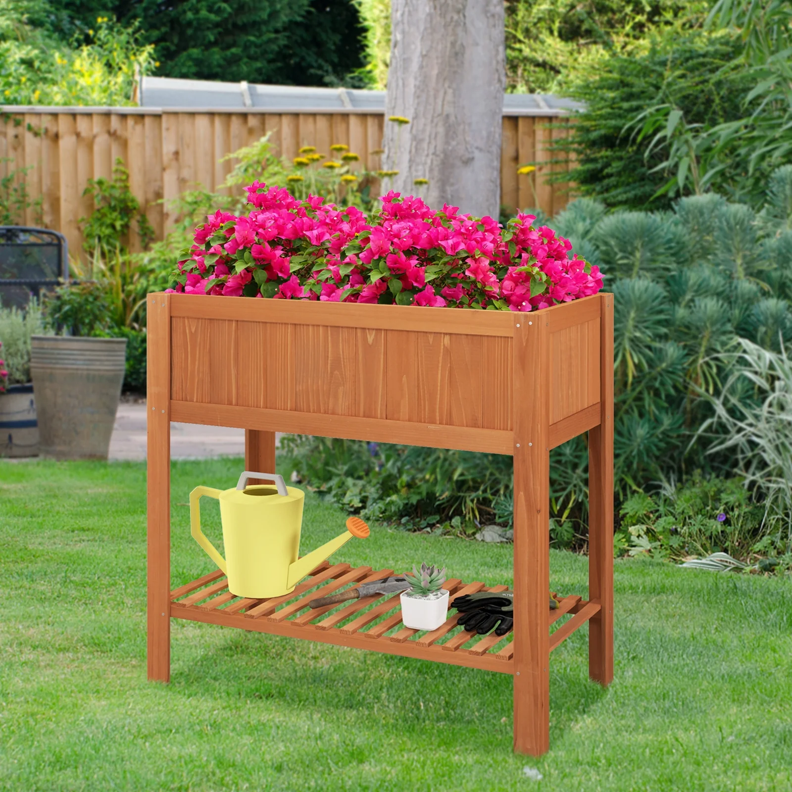 Outdoor Raised Garden Bed, Fir Wood Planter Box With Storage Shelf, Brown - Image 2