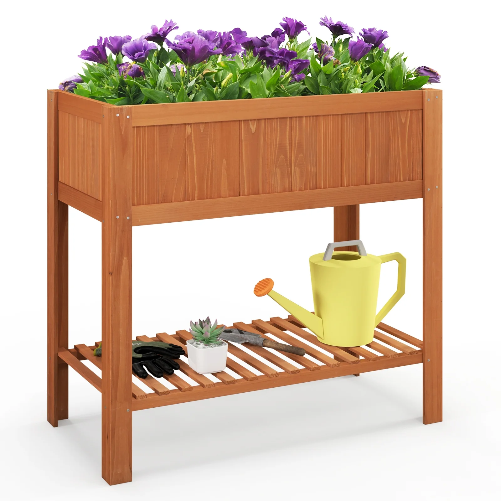 Outdoor Raised Garden Bed, Fir Wood Planter Box With Storage Shelf, Brown - Image 4